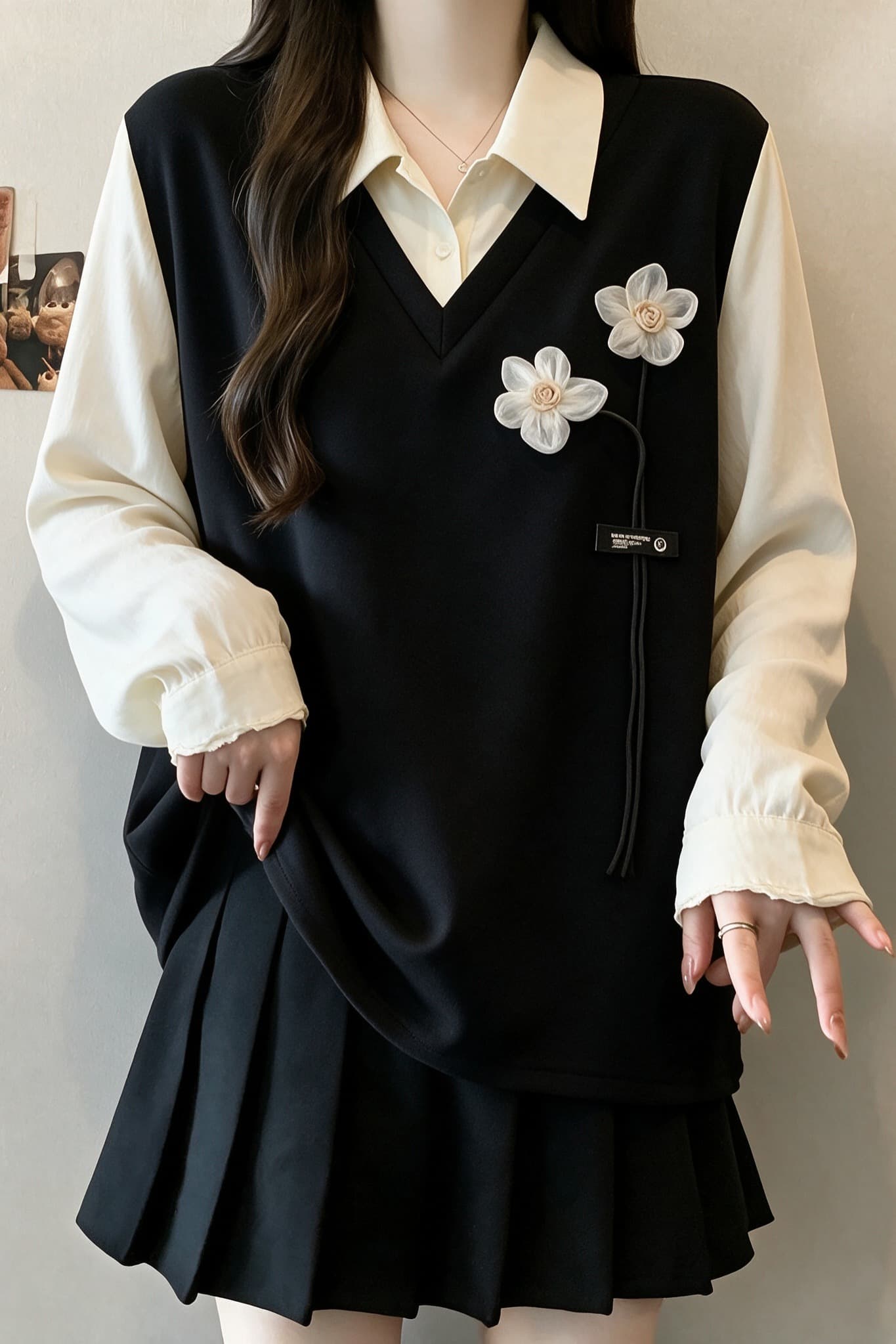 페이크 레이어드 POLO 칼라 배색 후드티 빅 사이즈 여성 의류 한 부서 다용도 후드티 지방 mm 가을 겨울 새로운 이미지 6
