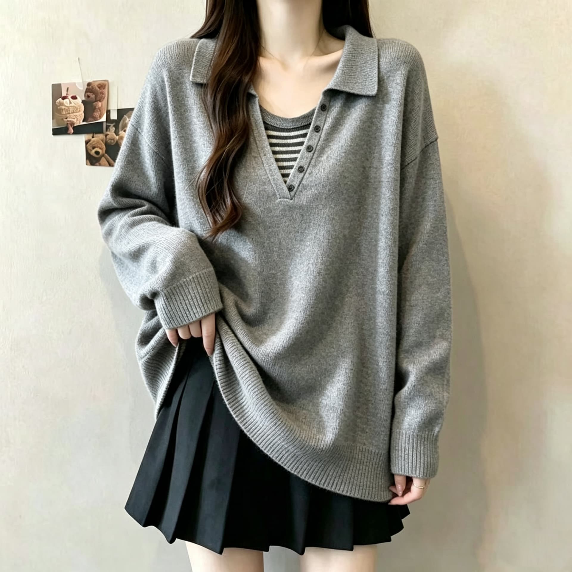 페이크 레이어드 스택 착용 스트라이프 V넥 긴팔 니트 스웨터 여성 가을 루즈핏 슬림해 보이는 POLO 칼라 맨위 이미지 4
