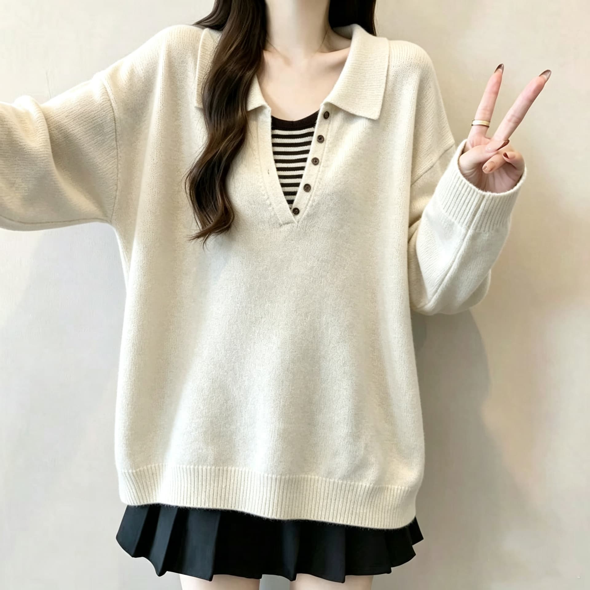 페이크 레이어드 스택 착용 스트라이프 V넥 긴팔 니트 스웨터 여성 가을 루즈핏 슬림해 보이는 POLO 칼라 맨위 상세 이미지 4