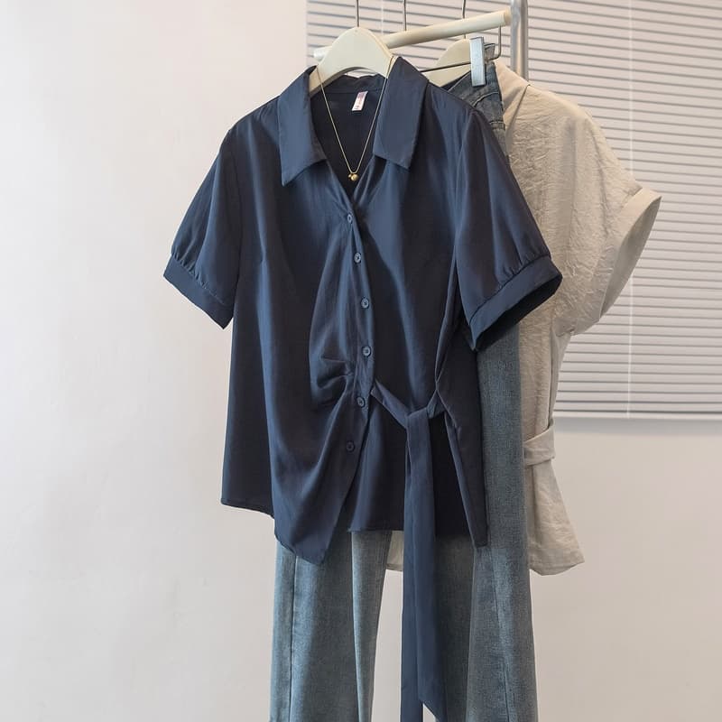 실사 불규칙 스트랩 POLO 칼라 긍정적 인 어깨 여성 셔츠 여름 새로운 지방 mm 허리 수축 슬림해 보이는 품격 빅 사이즈 맨위