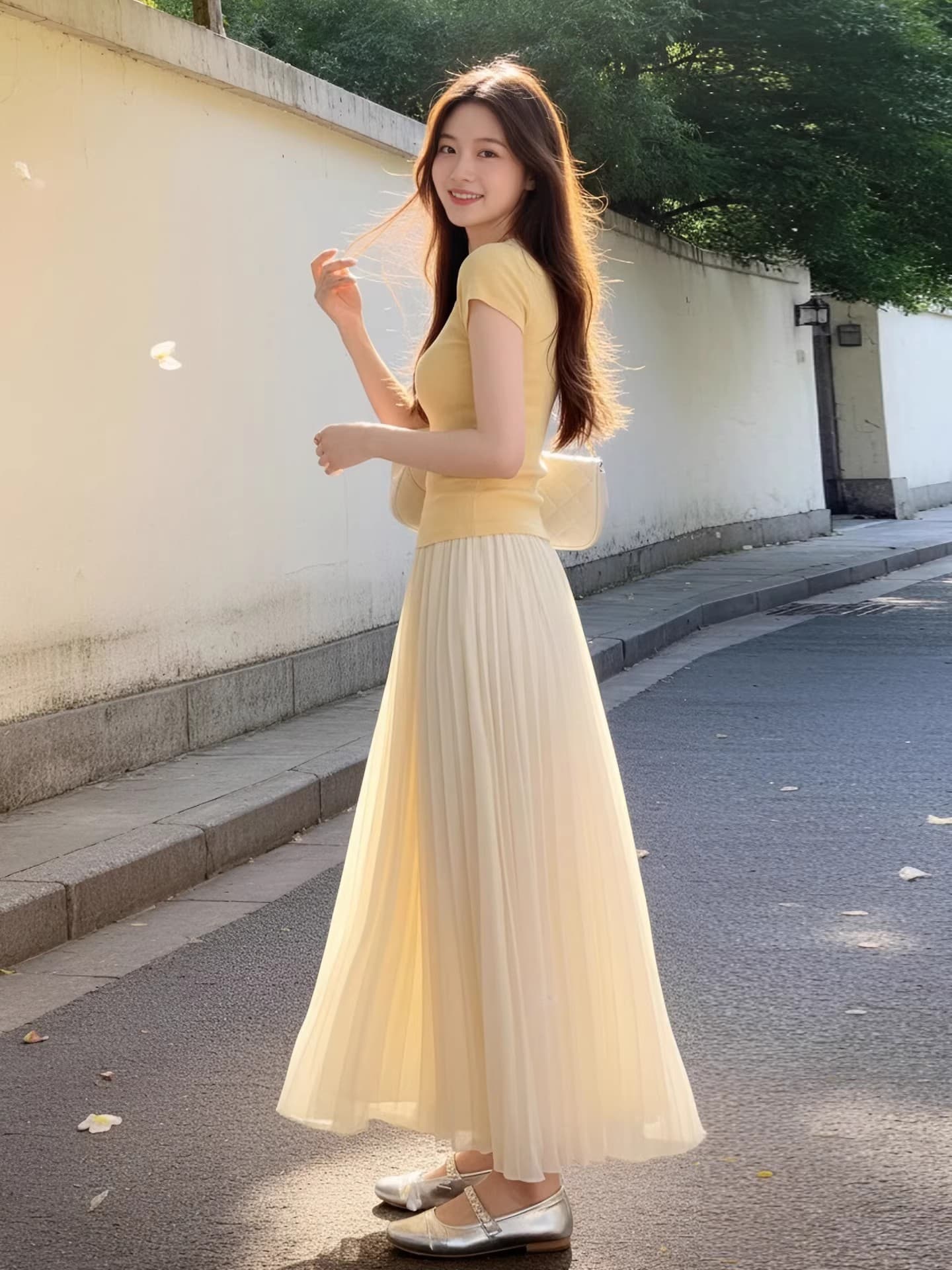 자이언트 잘 생긴 ~ 중 ootd 착용 가져 가라. 여성 2026 년 봄 황색 라운드 넥 티셔츠 살구 색상 하이웨이스트 반신 치마 세트 이미지 4
