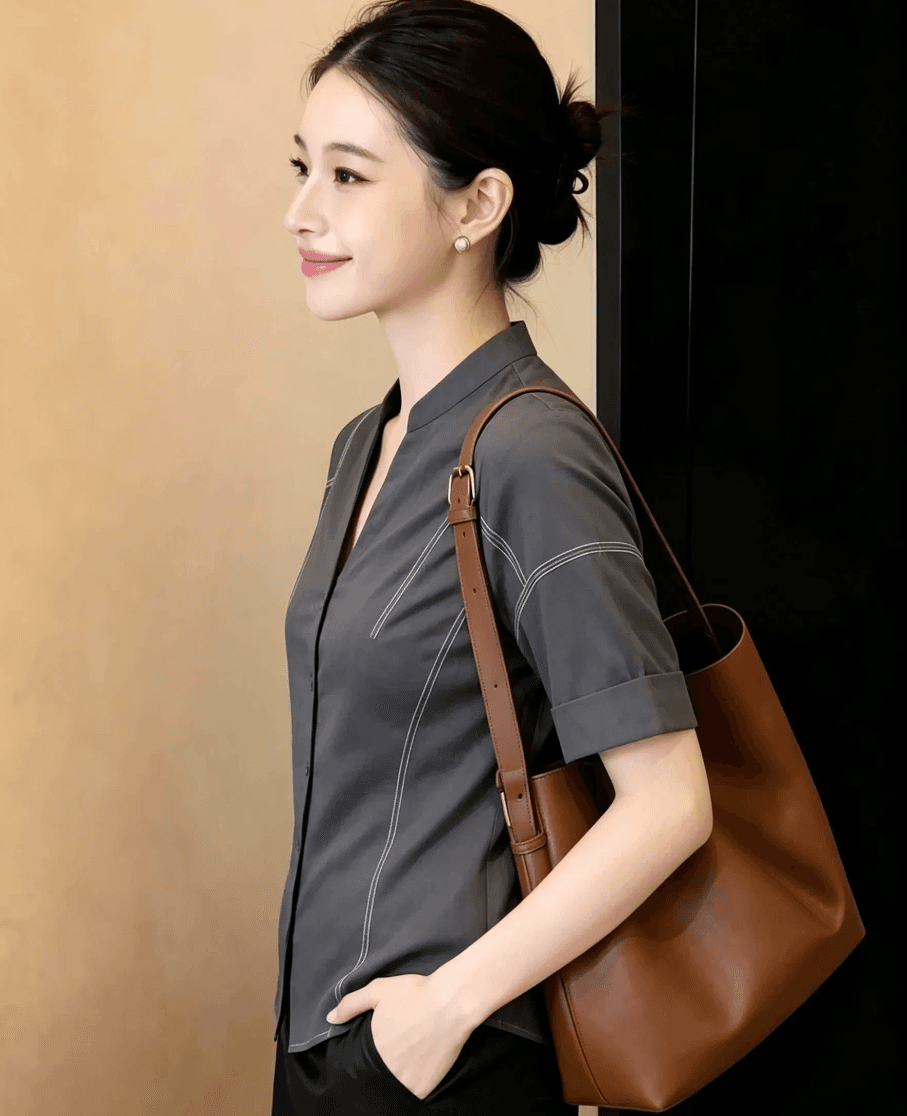 레트로 V넥 명시적 스티치 배색 반팔 여성 셔츠 여름 루즈핏 디자인 센스 작은 대중 고급 센스 품격 캐주얼 맨위 이미지 4