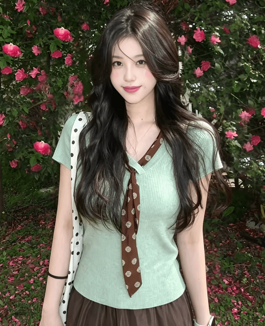 한 부서 녹색 V넥 리본 반팔 맨위 여자 여름 고급 센스 몸매 가꾸기 슬림해 보이는 쇼트 스타일 니트 스웨터