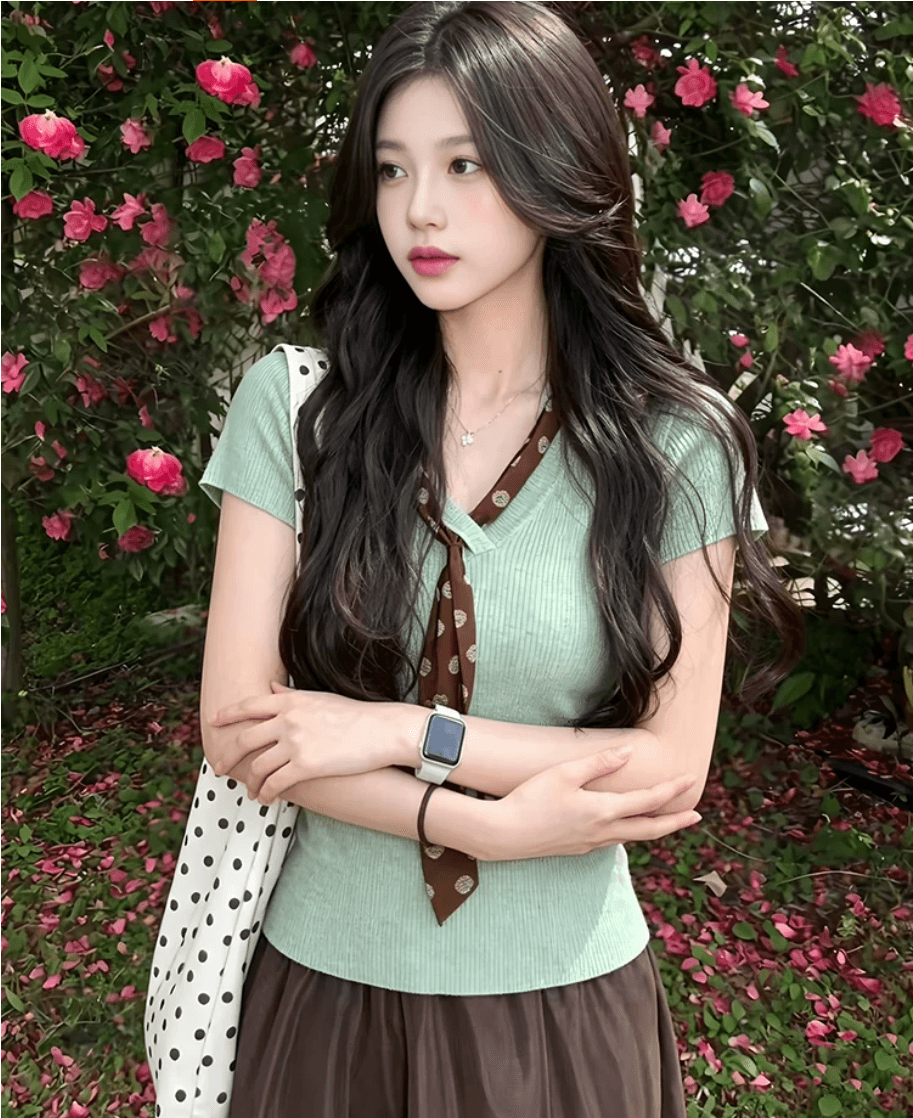 한 부서 녹색 V넥 리본 반팔 맨위 여자 여름 고급 센스 몸매 가꾸기 슬림해 보이는 쇼트 스타일 니트 스웨터 이미지 2
