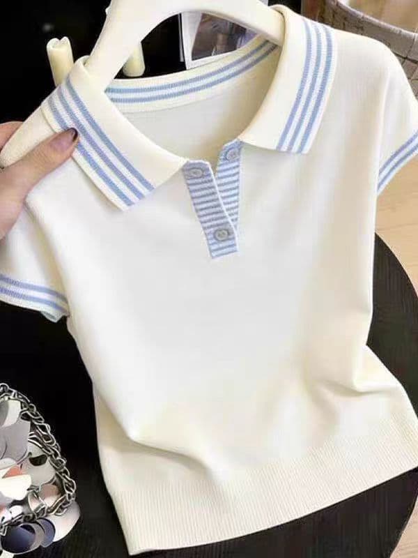 학원 스타일 POLO 셔츠 폴로 칼라 반팔 니트 티셔츠 여성 여름 2026 새로운 패션 캐주얼 슬림해 보이는 긍정적 인 어깨 의류 상세 이미지 4