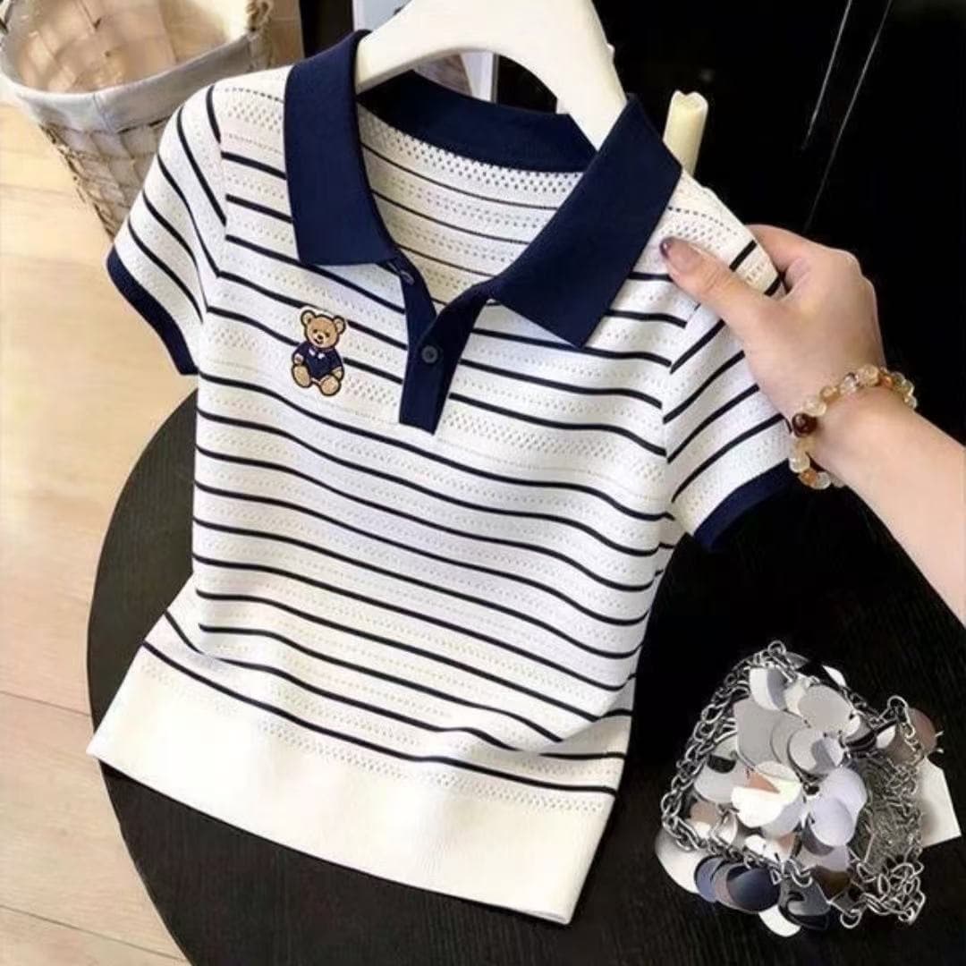 스트라이프 polo 배색 홀로우 아웃 작은 곰 자수 니트 작은 셔츠 2026 새로운 연령 감소 품격 다용도 맨위 이미지 4
