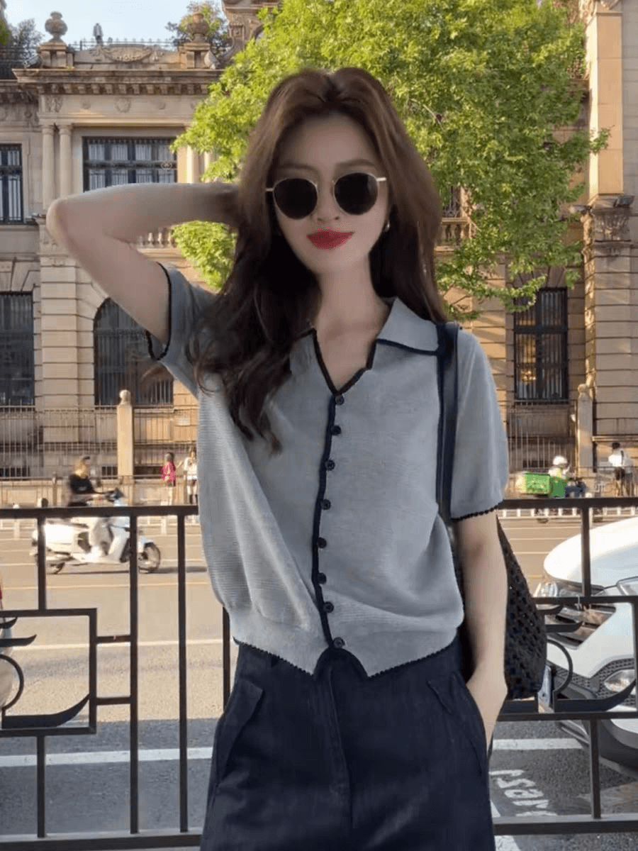 한 부서 POLO 칼라 회색 반팔 얼음 실크 니트 오픈 가디건 여성 자이언트 잘 생긴 ~ 중 여름 고유 한 아름다운 맨위 얇은 스타일 상세 이미지 4