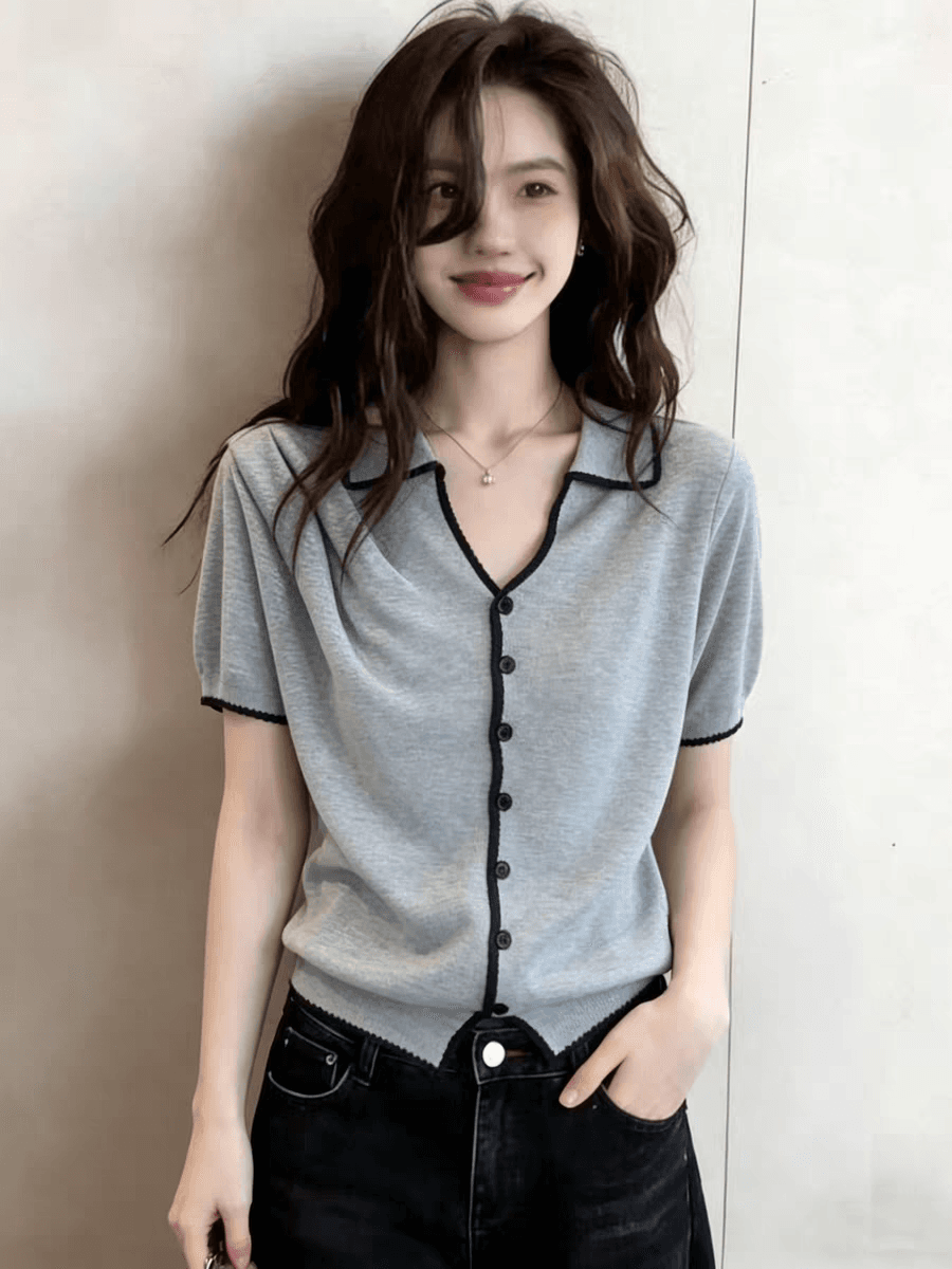 한 부서 POLO 칼라 회색 반팔 얼음 실크 니트 오픈 가디건 여성 자이언트 잘 생긴 ~ 중 여름 고유 한 아름다운 맨위 얇은 스타일 상세 이미지 5