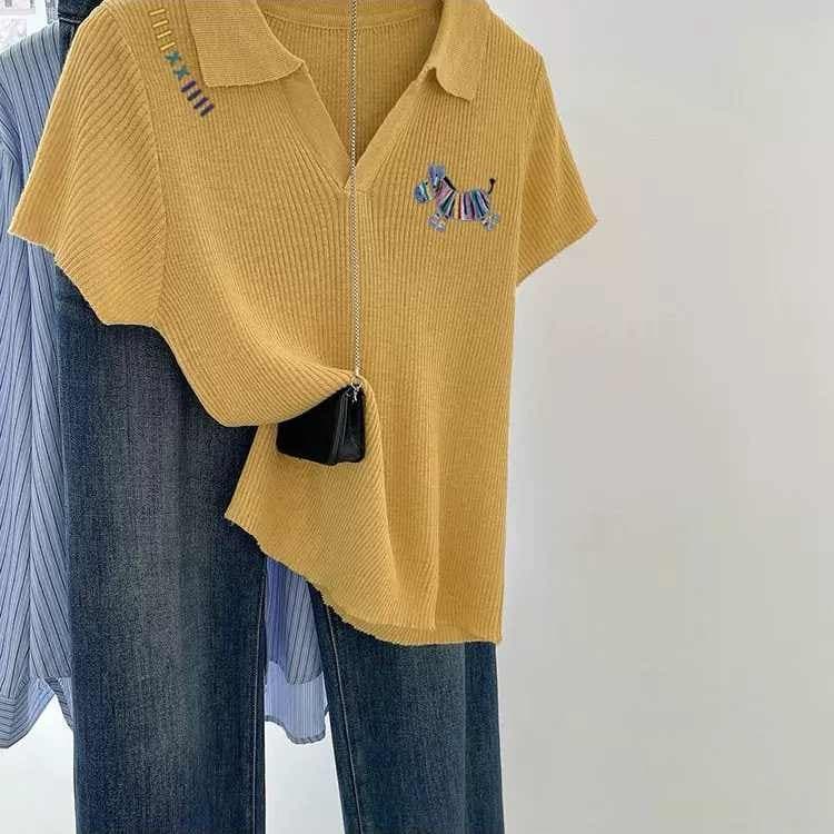 한 부서 미니멀리즘 회색 작은 말 자수 POLO 칼라 얼음 실크 니트 반팔 티셔츠 여성 여름 쇼트 스타일 슬림해 보이는 맨위 상세 이미지 4