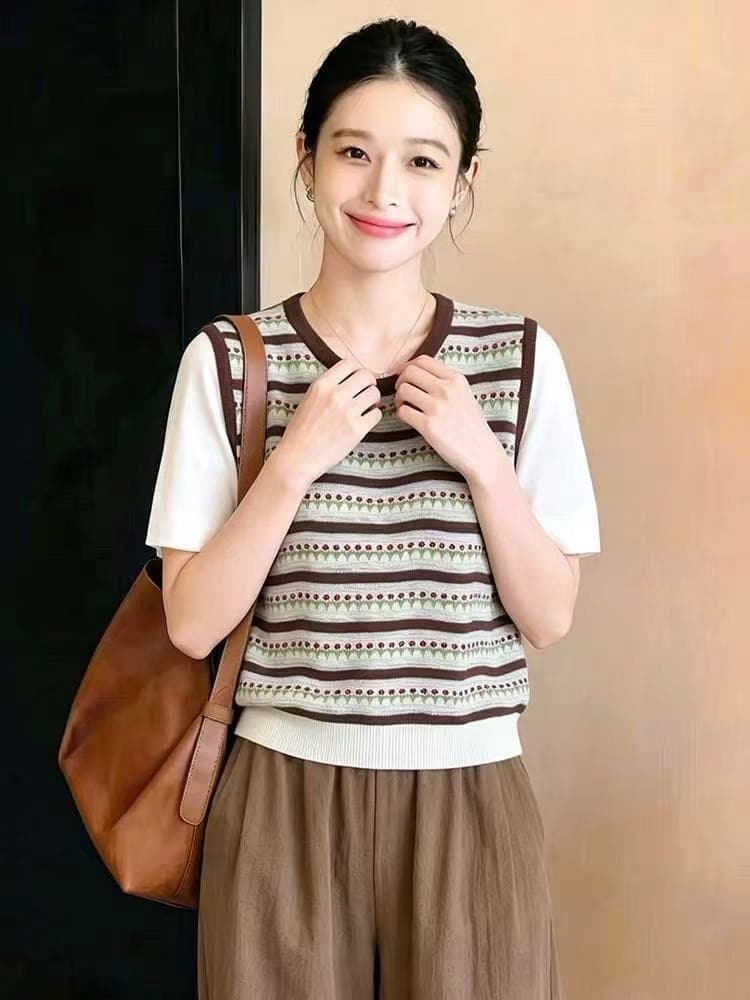 페이크 레이어드 배색 스트라이프 패치워크 반팔 얼음 실크 니트 티셔츠 여성 여름 새로운 라운드 넥 얇고 가벼운 통기성 맨위 이미지 4