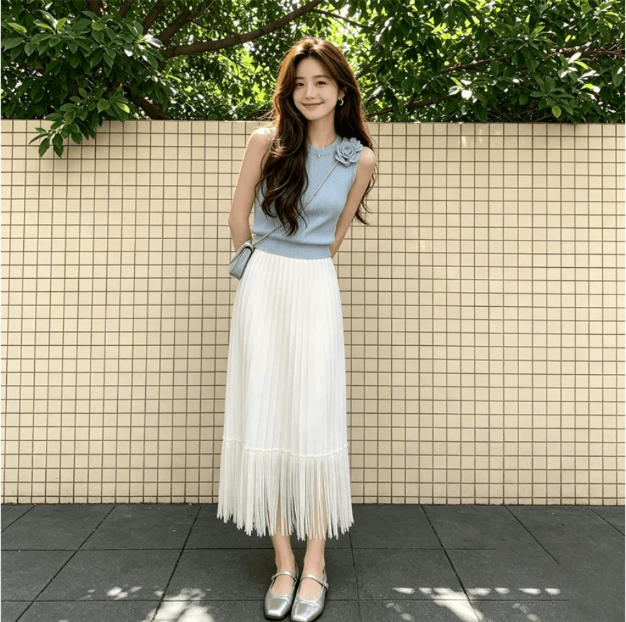 빛 요리 한 바람 품격 세트 여성 2026 여름 새로운 고급 센스 민소매 맨위 하이웨이스트 플리츠 스커트 투피스 세트 상세 이미지 4
