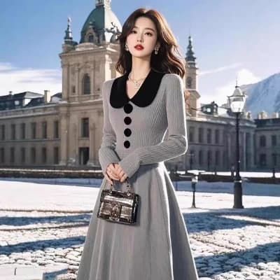 한국 레트로 polo 폴로 칼라 허리 수축 두꺼운 니트 스웨터 드레스 명문 여성 샤오 양 로드 중 무릎 아래 롱 스커트 상세 이미지 1