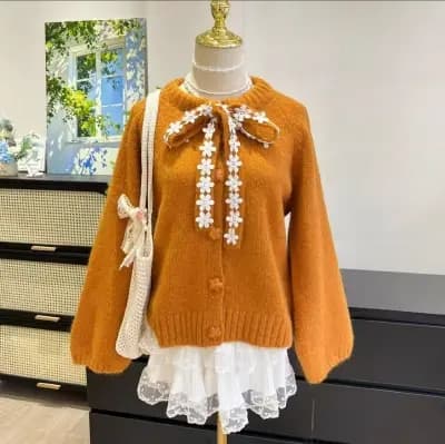 달콤한 자매 바람 레이스 레이스 나비 매듭 스웨터 여성 코트 따뜻한 부드럽다 찹쌀 루즈핏 다용도 연령 감소 니트 오픈 가디건 상세 이미지 15