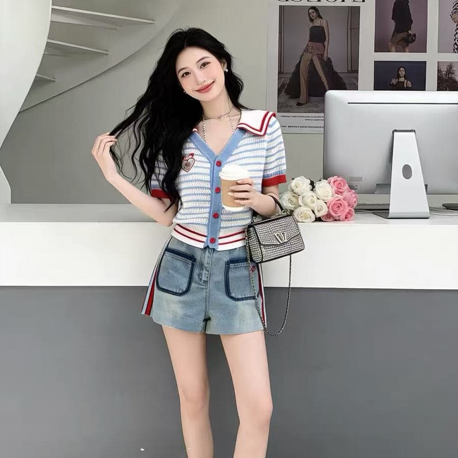 학원 스타일 패치워크 해군 칼라 스트라이프 니트 오픈 가디건 여성 여름 반팔 디자인 센스 작은 키 다용도 슬림해 보이는 맨위 이미지 2