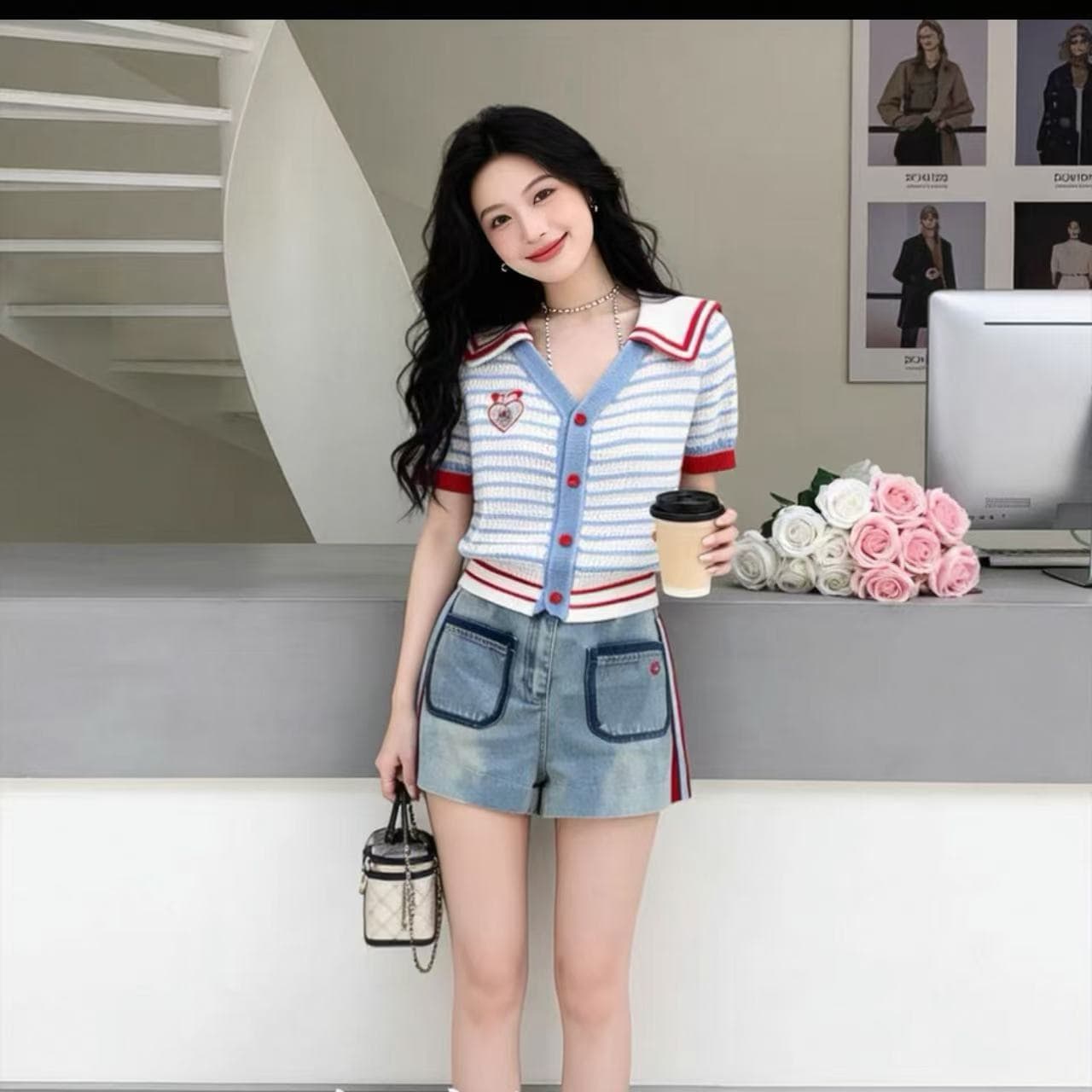 학원 스타일 패치워크 해군 칼라 스트라이프 니트 오픈 가디건 여성 여름 반팔 디자인 센스 작은 키 다용도 슬림해 보이는 맨위 상세 이미지 5