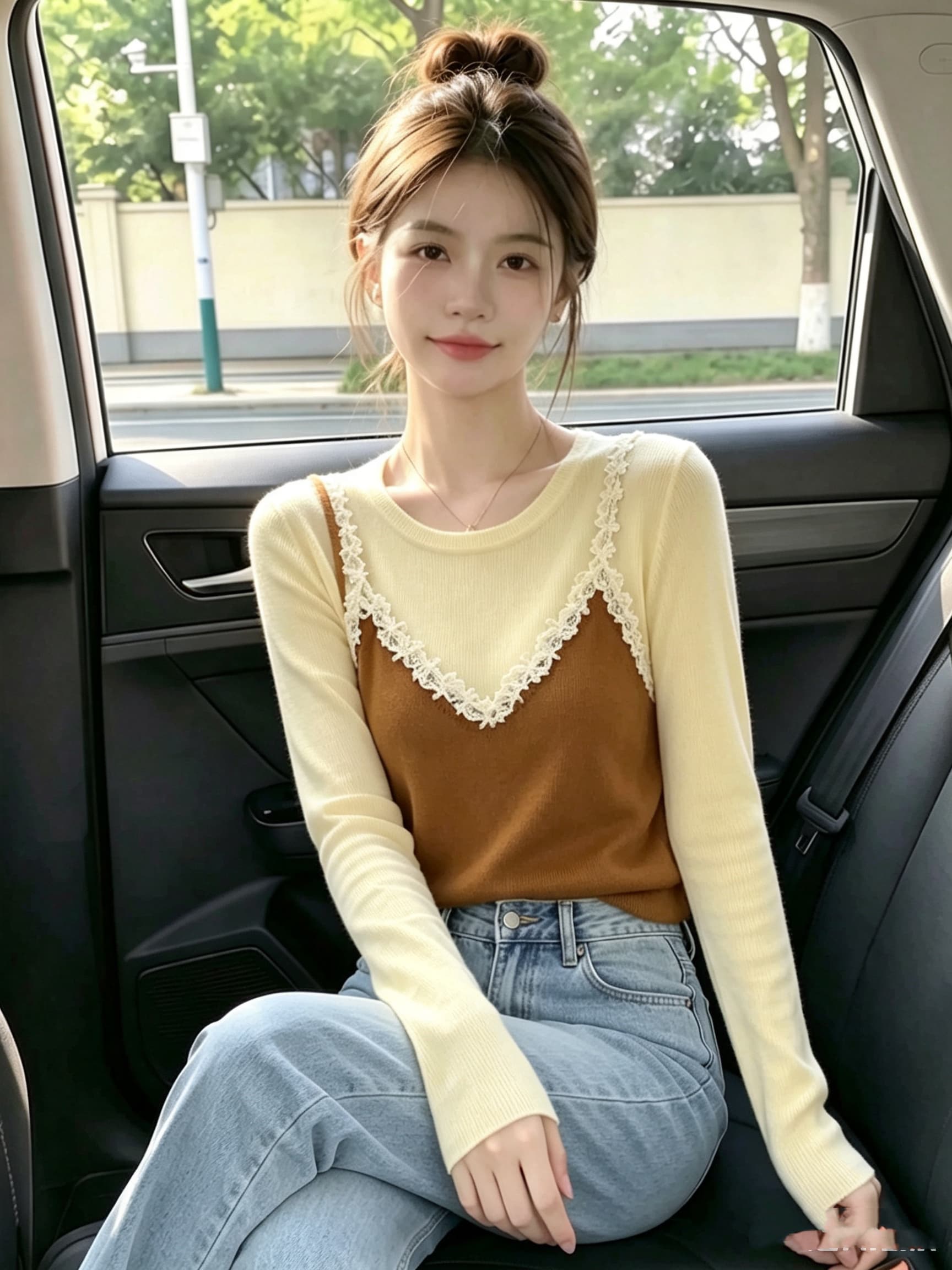 한국 스타일 배색 페이크 레이어드 레이스 조각 슬립 긴팔 니트 스웨터 가을 새로운 외국 가스 연령 감소 슬림해 보이는 맨위
