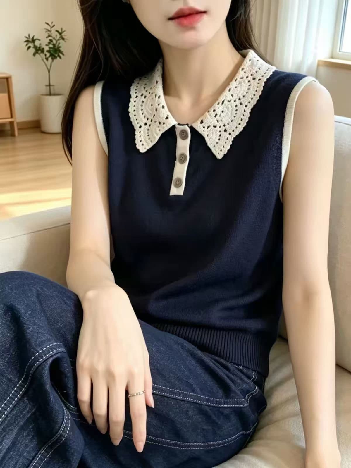 프랑스식 레이스 조각 폴로 칼라 작은 날다 소매 티셔츠 여성 2026 여름 새로운 배색 Chic 빛 요리 한 다용도 맨위 이미지 2