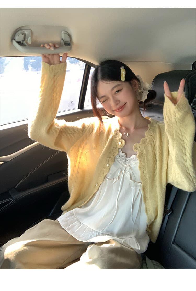송 긍정적 인 En 거위 옐로우 모헤어 라운드 넥 니트 오픈 가디건 여성 가을 새로운 이른 봄 루즈핏 고유 한 아름다운 맨위