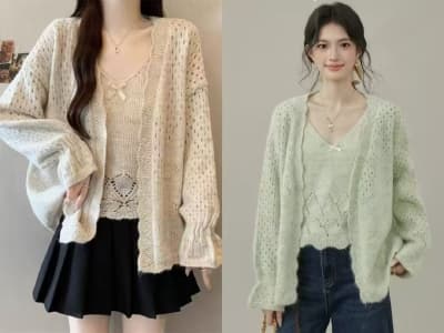 마술 사랑 요정 정신 녹색 캐미솔 니트 오픈 가디건 투피스 세트 스웨터 여성 코트 가을 상세 이미지 1