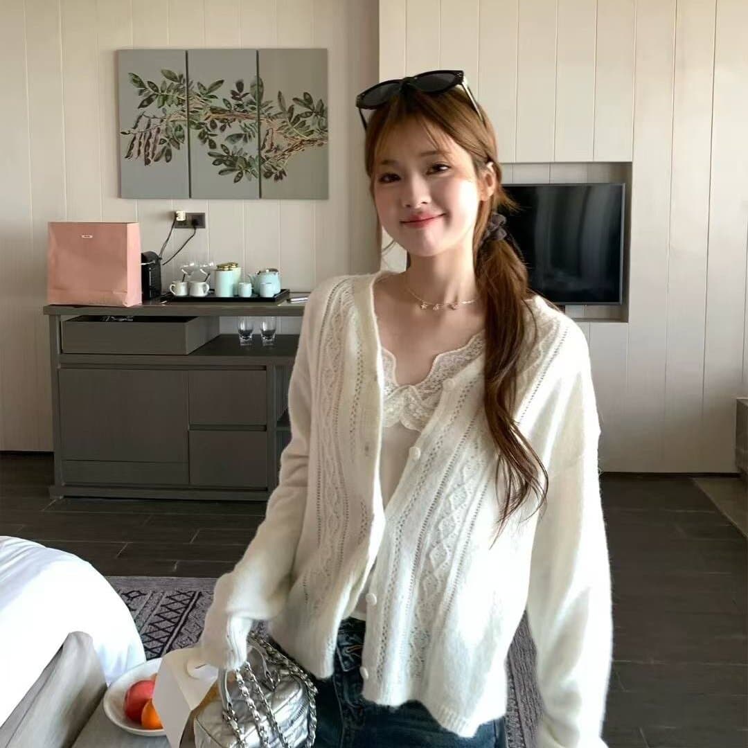 im ~까지 스모그 꽃 가게 양모 혼방 니트 스웨터 여성 레이스 칼라 홀로우 아웃 자수 오픈 가디건 맨위 상세 이미지 6