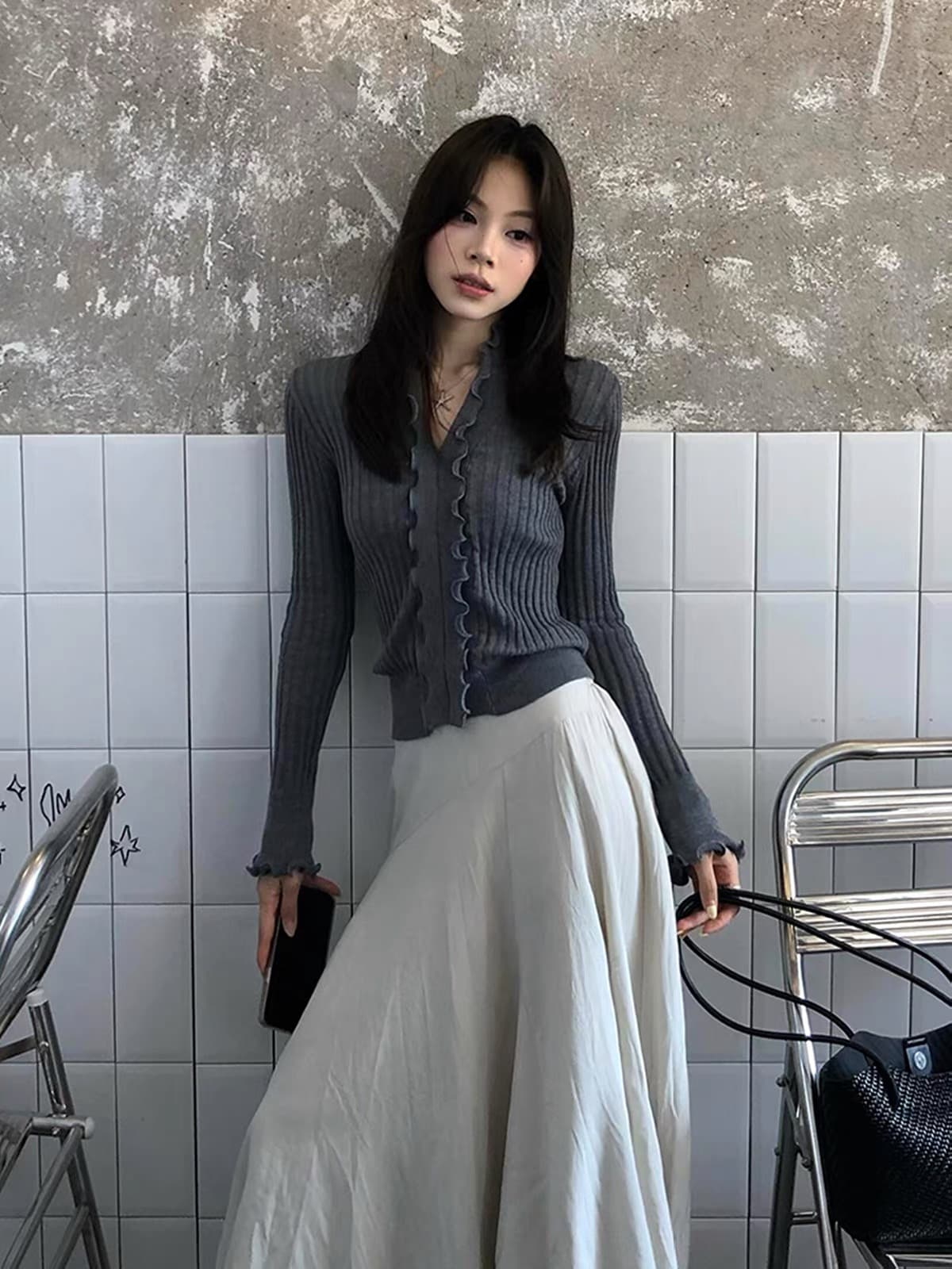 한 부서 새로운 프릴 V넥 니트 스웨터 여성 몸매 가꾸기 슬림해 보이는 다용도 긴팔 맨위 트렌디