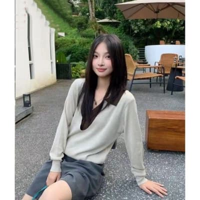 배색 패치워크 POLO 칼라 긴팔 니트 스웨터 여성 조기 가을 디자인 센스 작은 대중 고유 한 Chic 페이크 레이어드 맨위