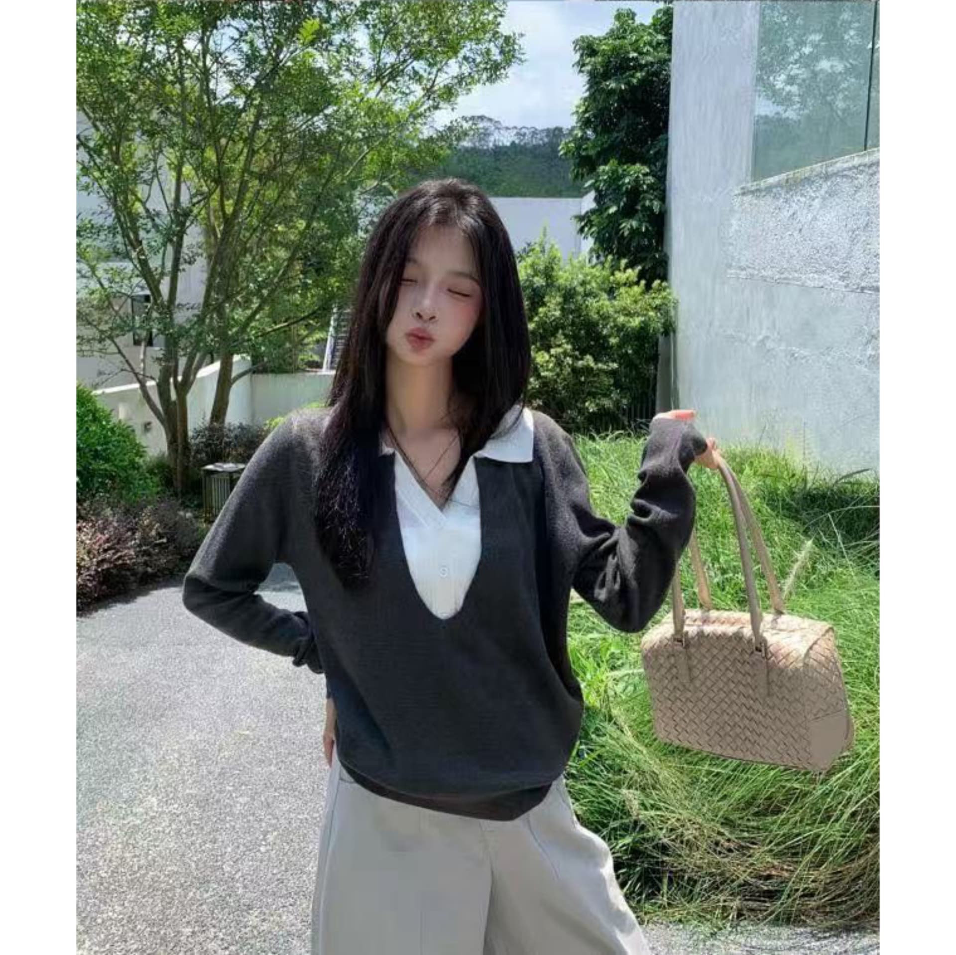 배색 패치워크 POLO 칼라 긴팔 니트 스웨터 여성 조기 가을 디자인 센스 작은 대중 고유 한 Chic 페이크 레이어드 맨위 상세 이미지 9