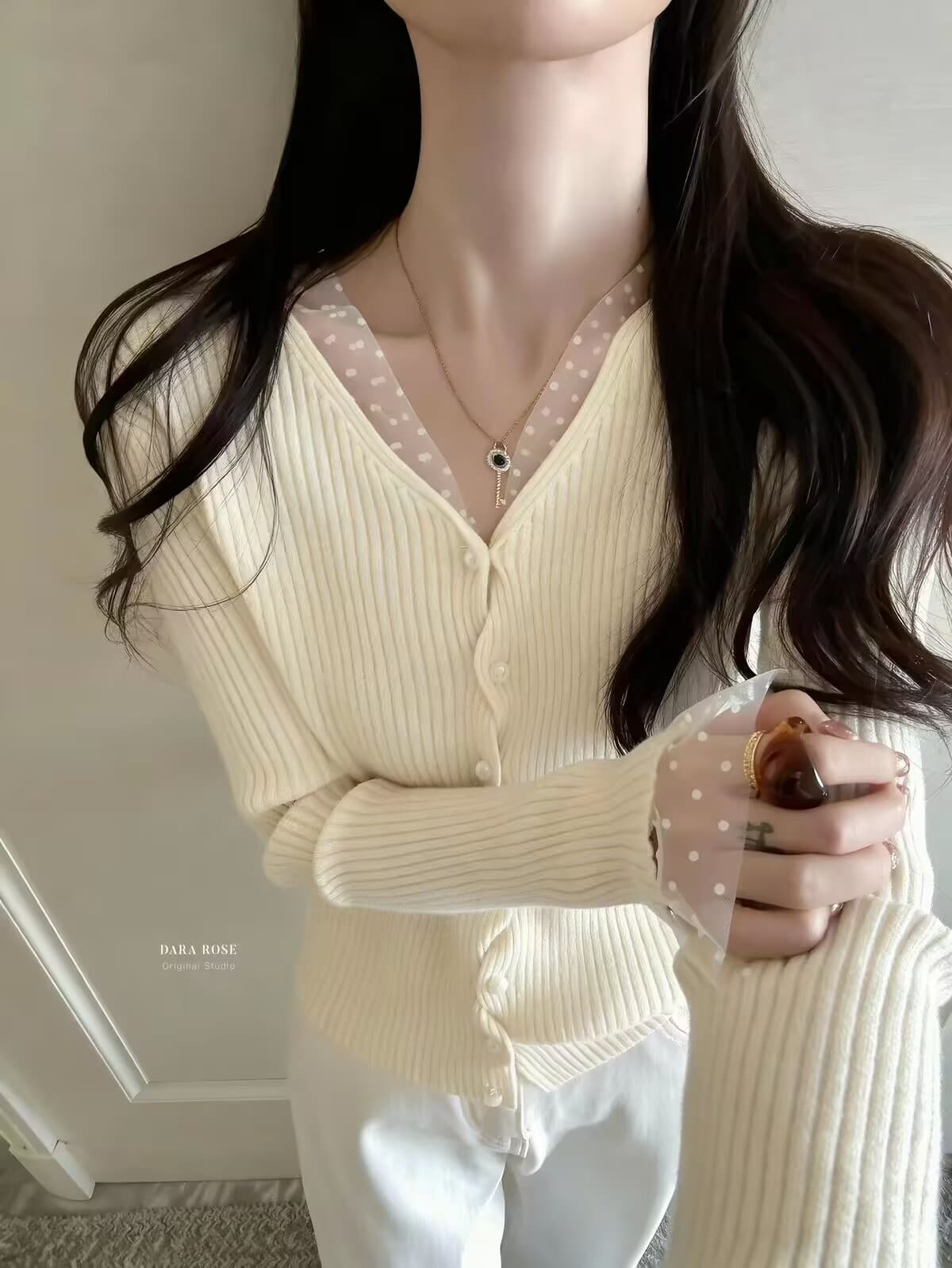 26 이른 가을 dara rose 한국 부드러운 레이스 조각 V넥 다용도 스웨터 니트 오픈 가디건 상세 이미지 5