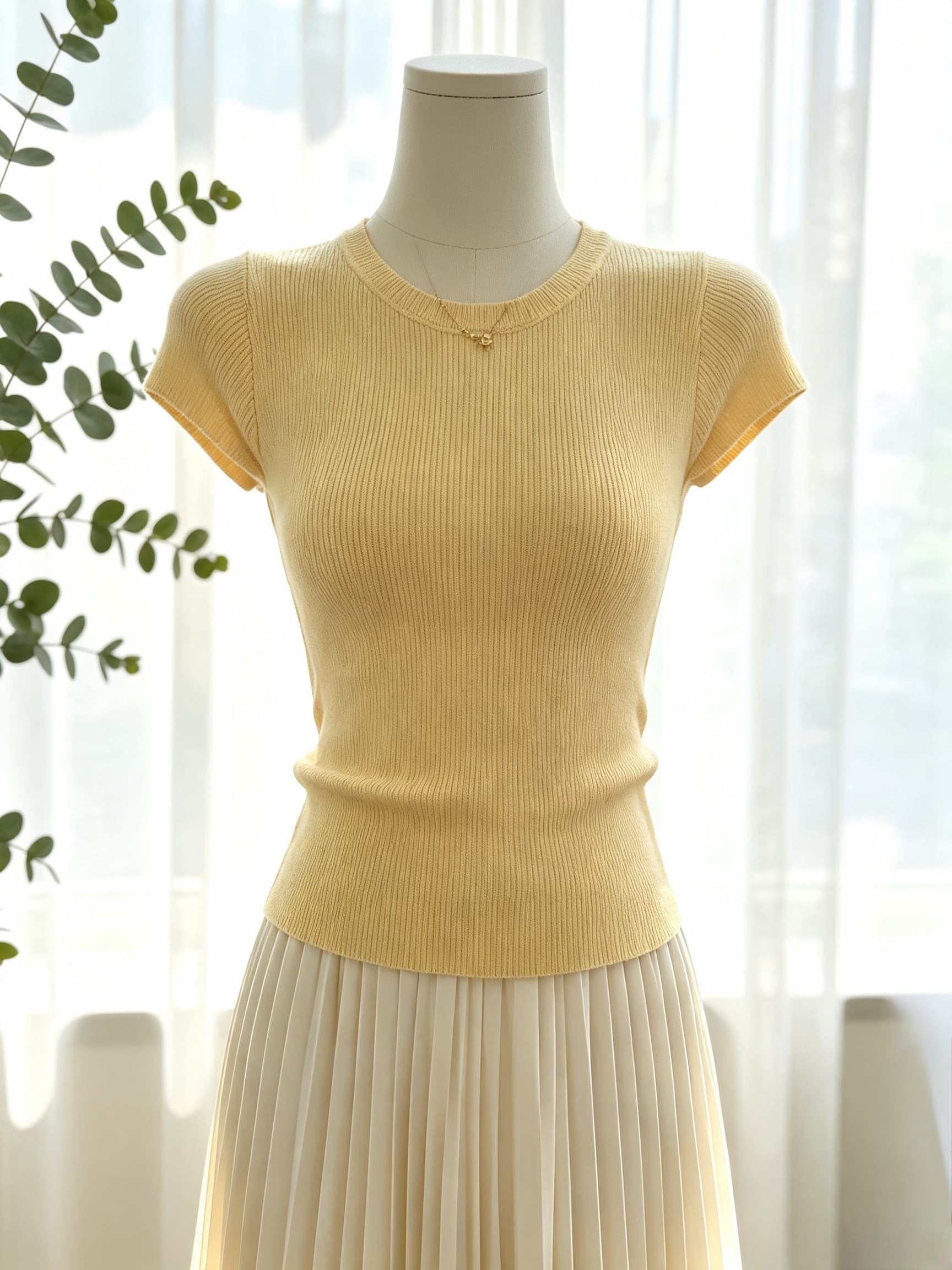 황색 라운드 넥 구덩이 기사 니트 반팔 티셔츠 여성 2026 새로운 여름 절묘한 디자인 센스 맨위 한 부서 착용 가져 가라. 상세 이미지 2