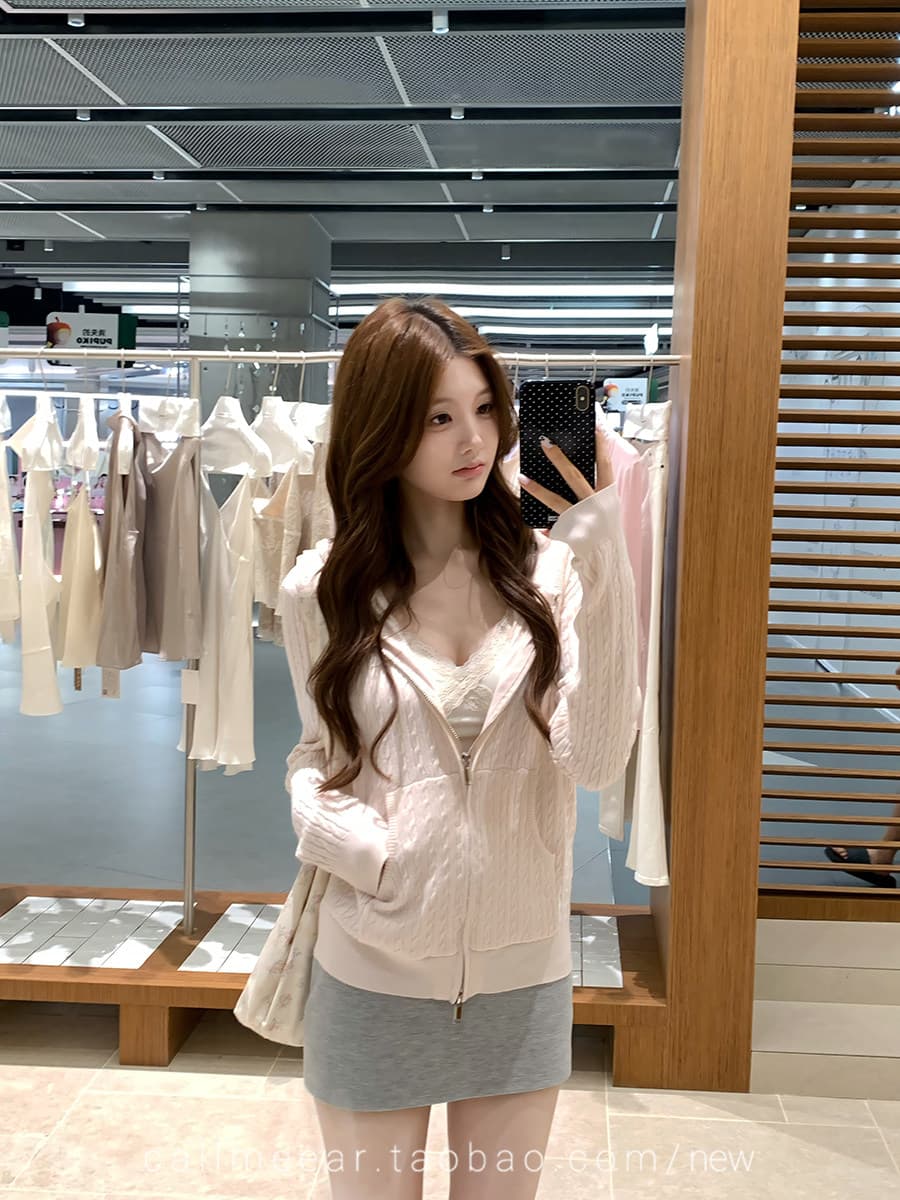 후드 꽈배기 모직물 오픈 가디건 오픈 가디건 여성 조기 가을 루즈핏 지퍼 스웨터 코트 이미지 2