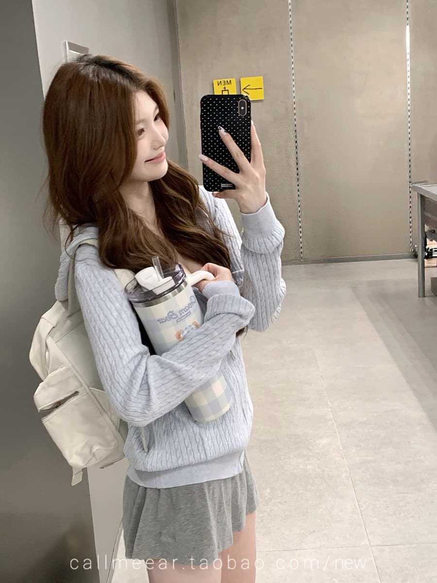 후드 꽈배기 모직물 오픈 가디건 오픈 가디건 여성 조기 가을 루즈핏 지퍼 스웨터 코트