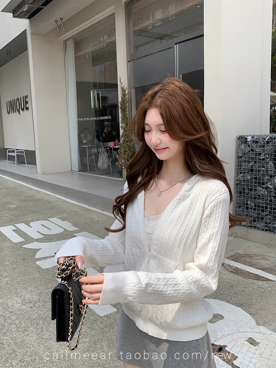 후드 꽈배기 모직물 오픈 가디건 오픈 가디건 여성 조기 가을 루즈핏 지퍼 스웨터 코트 상세 이미지 25