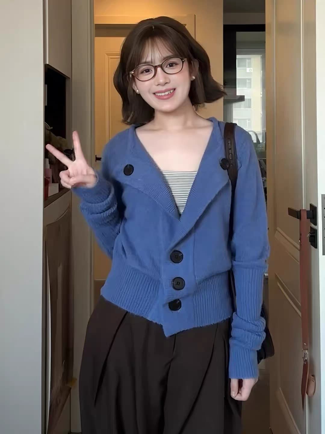 한 부서 파란색 니트 카디건 코트 여성 의류 조기 가을 작은 키 루즈핏 캐주얼 느긋한 품격 허리 수축 맨위 상세 이미지 4