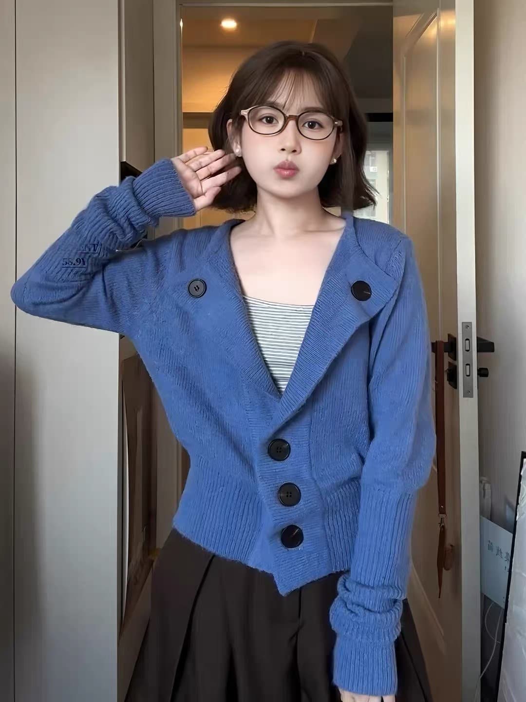 한 부서 파란색 니트 카디건 코트 여성 의류 조기 가을 작은 키 루즈핏 캐주얼 느긋한 품격 허리 수축 맨위 상세 이미지 5