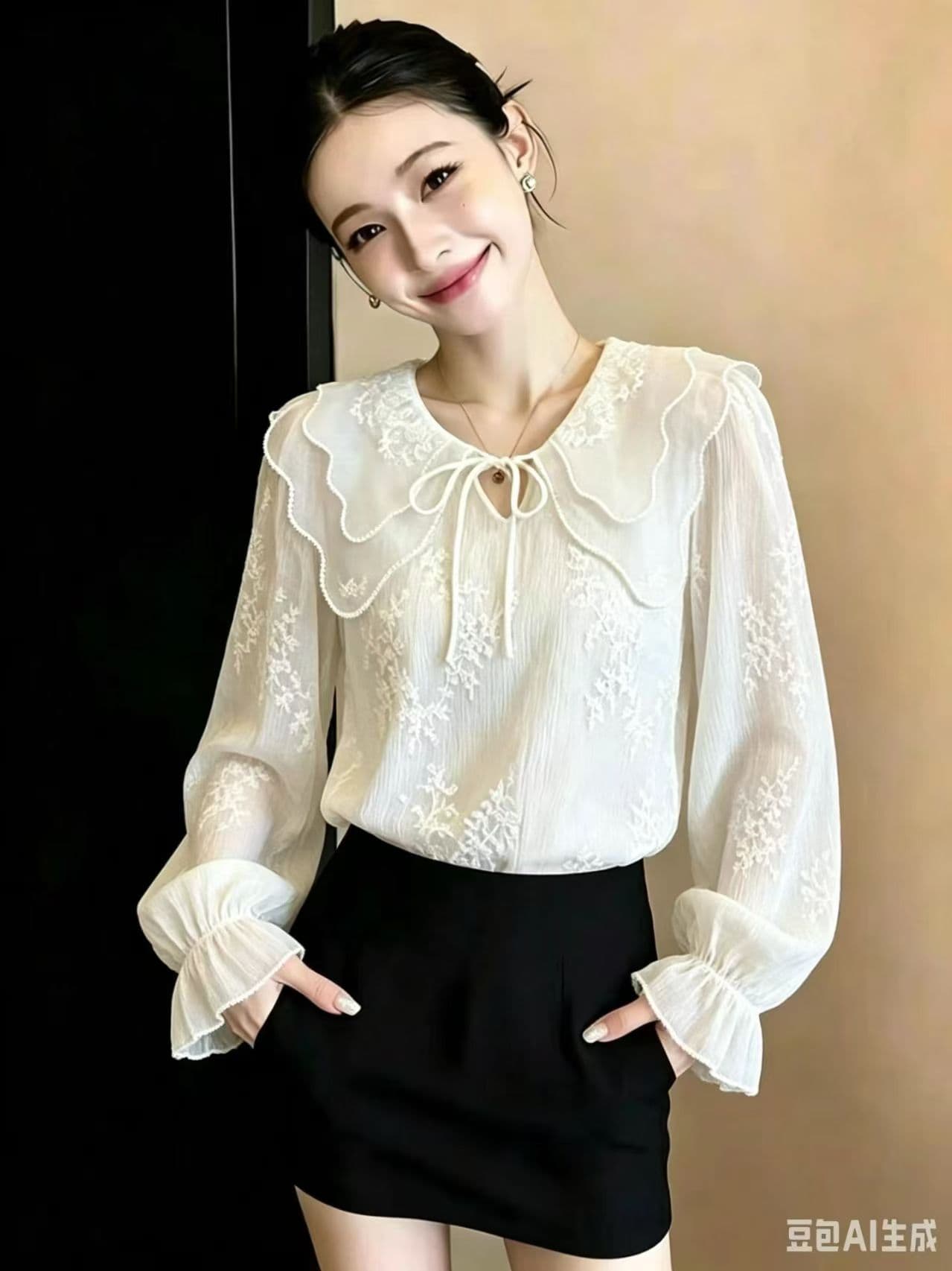 프랑스식 부드러운 바람 베이비 칼라 긴팔 자수 여성 셔츠 2026 년 가을 새로운 레이스업 슬림해 보이는 맨위 상세 이미지 3