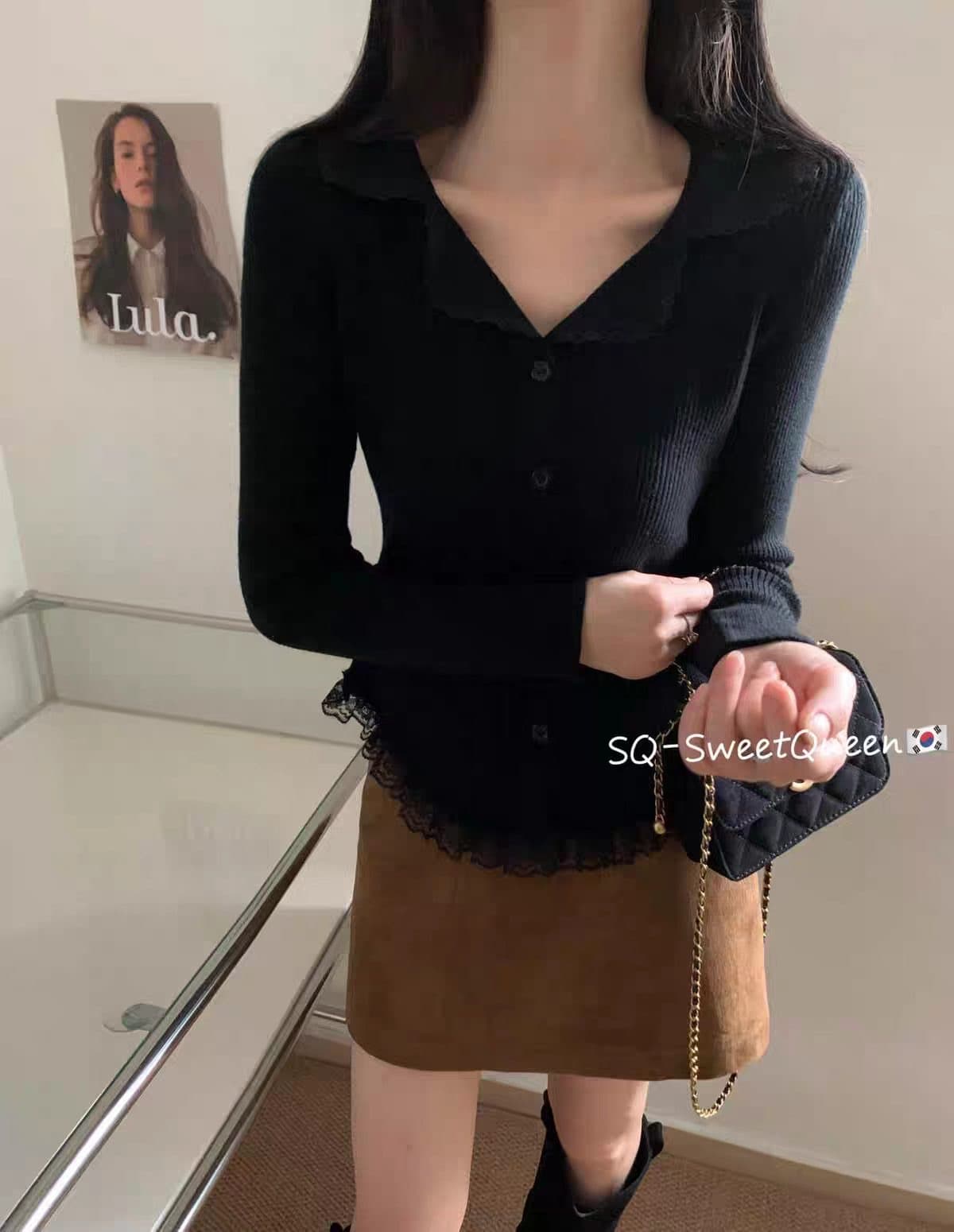 프랑스식 달콤함 레이스 측면 길이 소매 짠 셔츠 여성 가을 의상 새로운 외국 가스 몸매 가꾸기 슬림해 보이는 인사이드 가져 가라. 기본 셔츠 맨위 상세 이미지 6