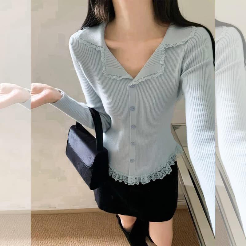 프랑스식 달콤함 레이스 측면 길이 소매 짠 셔츠 여성 가을 의상 새로운 외국 가스 몸매 가꾸기 슬림해 보이는 인사이드 가져 가라. 기본 셔츠 맨위 상세 이미지 9