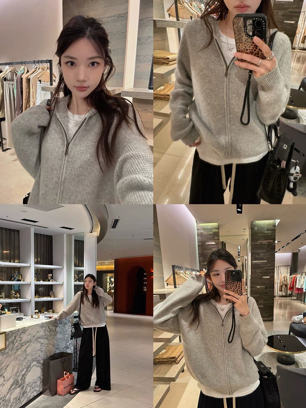 장 베이 베이 ibell 한 부서 루즈핏 슬림해 보이는 3 차원 후아 남편 그리드 후드 오픈 가디건 여성 레저 다용도 양모 재킷 상세 이미지 1