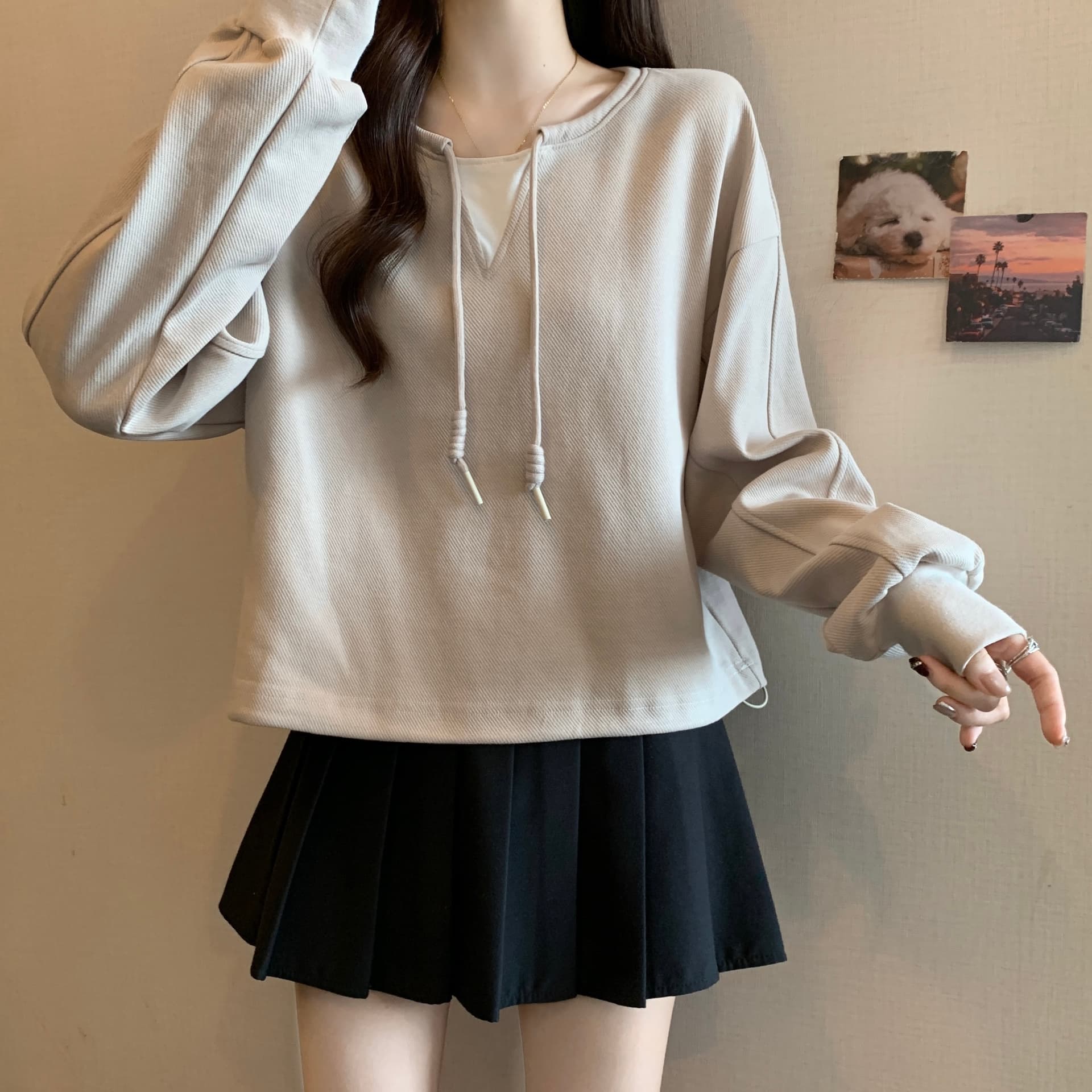 실사 빅 사이즈 지방 mm 가을 겨울 새로운 페이크 레이어드 풀오버 스웨트셔츠 작은 대중 펌프 로프 표지 고기 슬림해 보이는 맨위 여성 상세 이미지 3