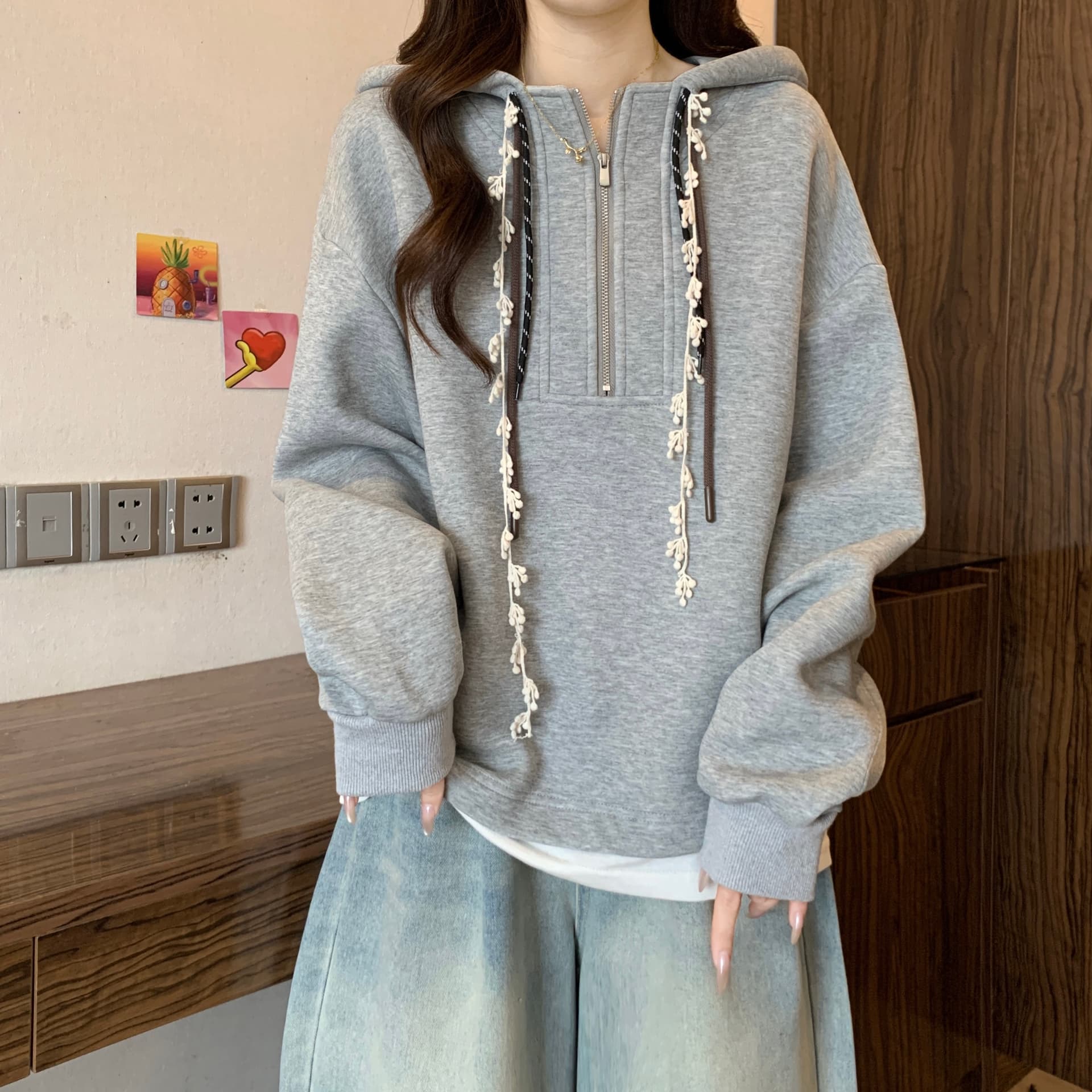 실사 빅 사이즈 지방 mm 가을 겨울 새로운 패션 디자인 센스 루즈핏 후드 티 스웨터 표지 고기 슬림해 보이는 다용도 맨위 상세 이미지 8