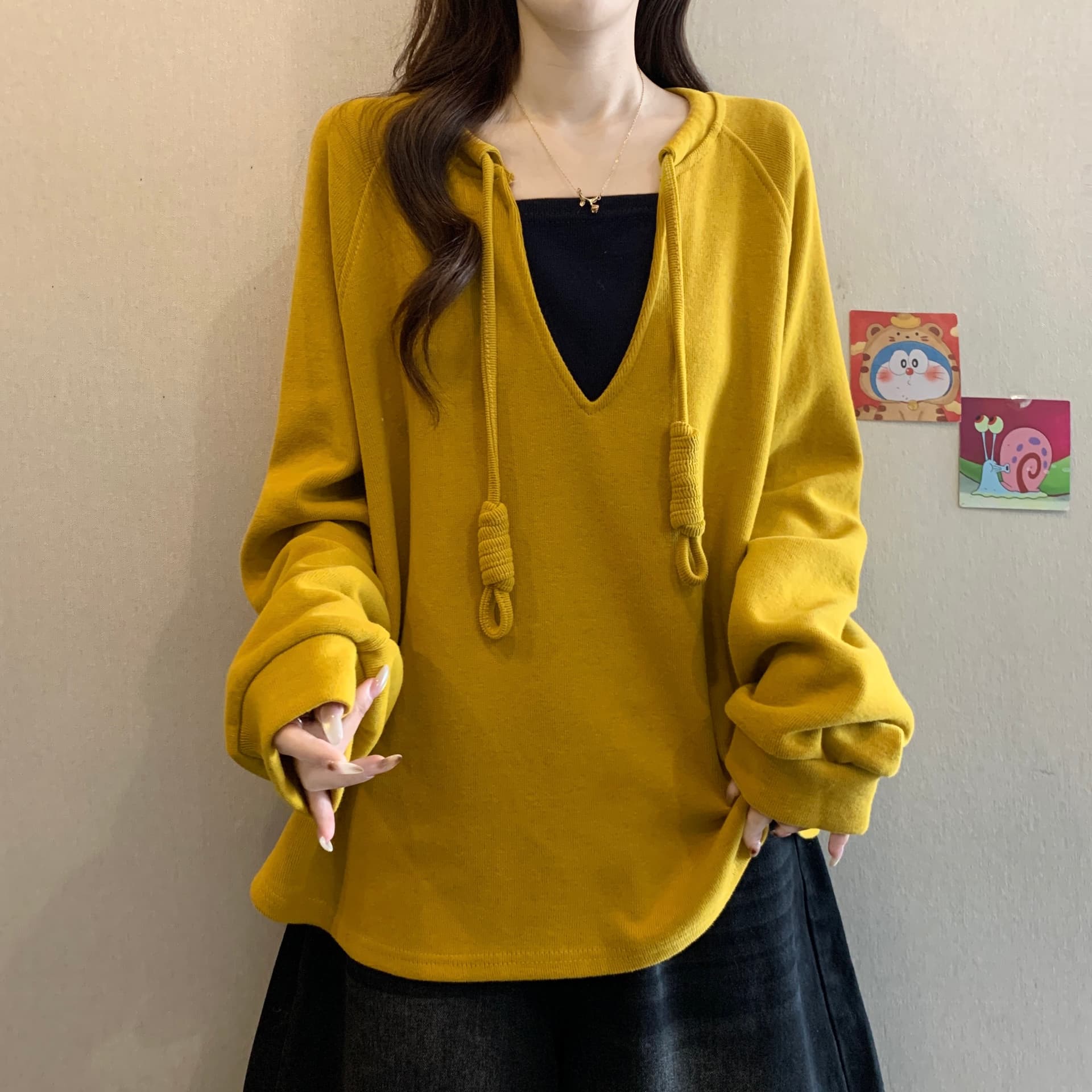 실사 빅 사이즈 지방 mm 가을 겨울 새로운 페이크 레이어드 풀오버 스웨트셔츠 작은 대중 펌프 로프 표지 고기 슬림해 보이는 맨위 여성 상세 이미지 4