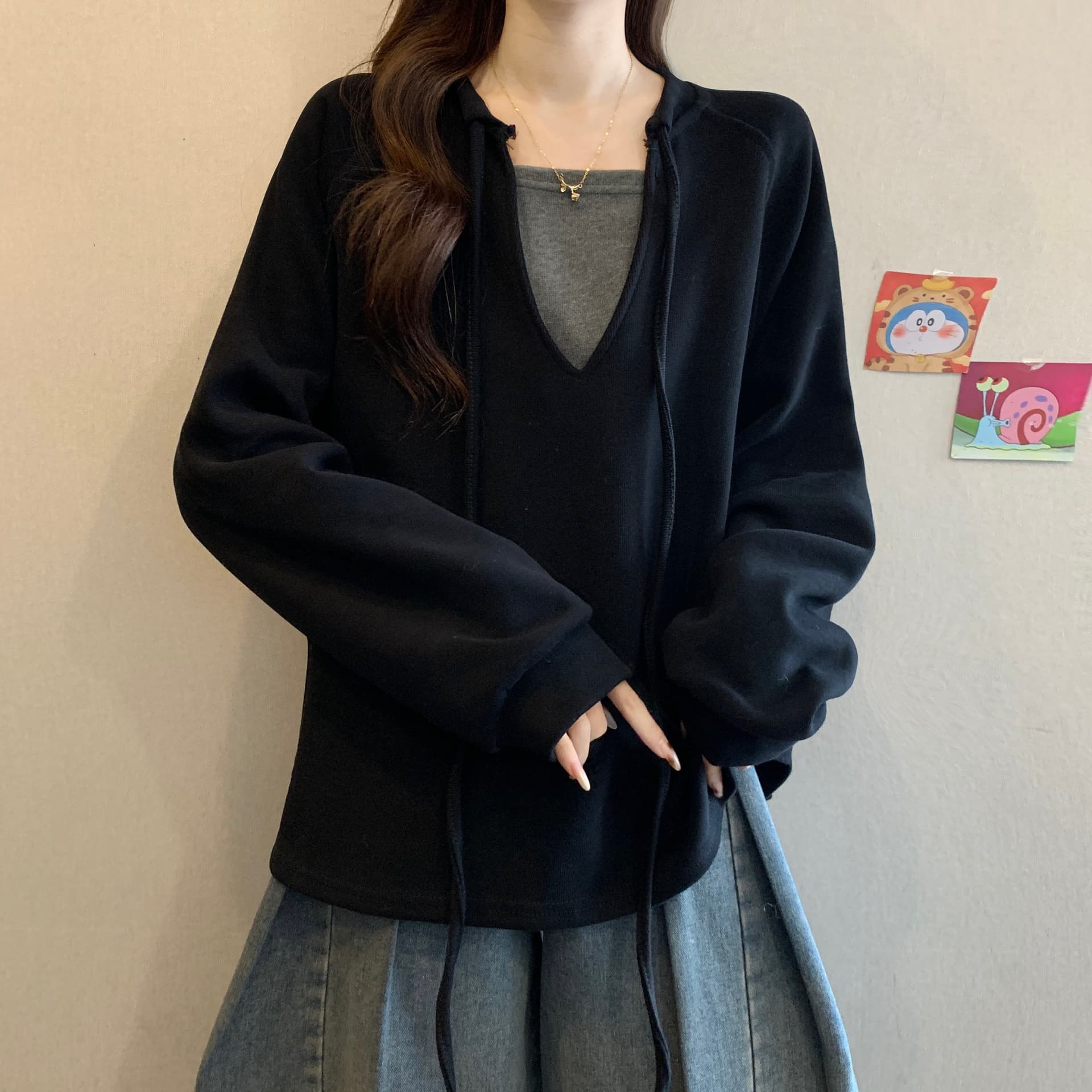 실사 빅 사이즈 지방 mm 가을 겨울 새로운 페이크 레이어드 풀오버 스웨트셔츠 작은 대중 펌프 로프 표지 고기 슬림해 보이는 맨위 여성 상세 이미지 18