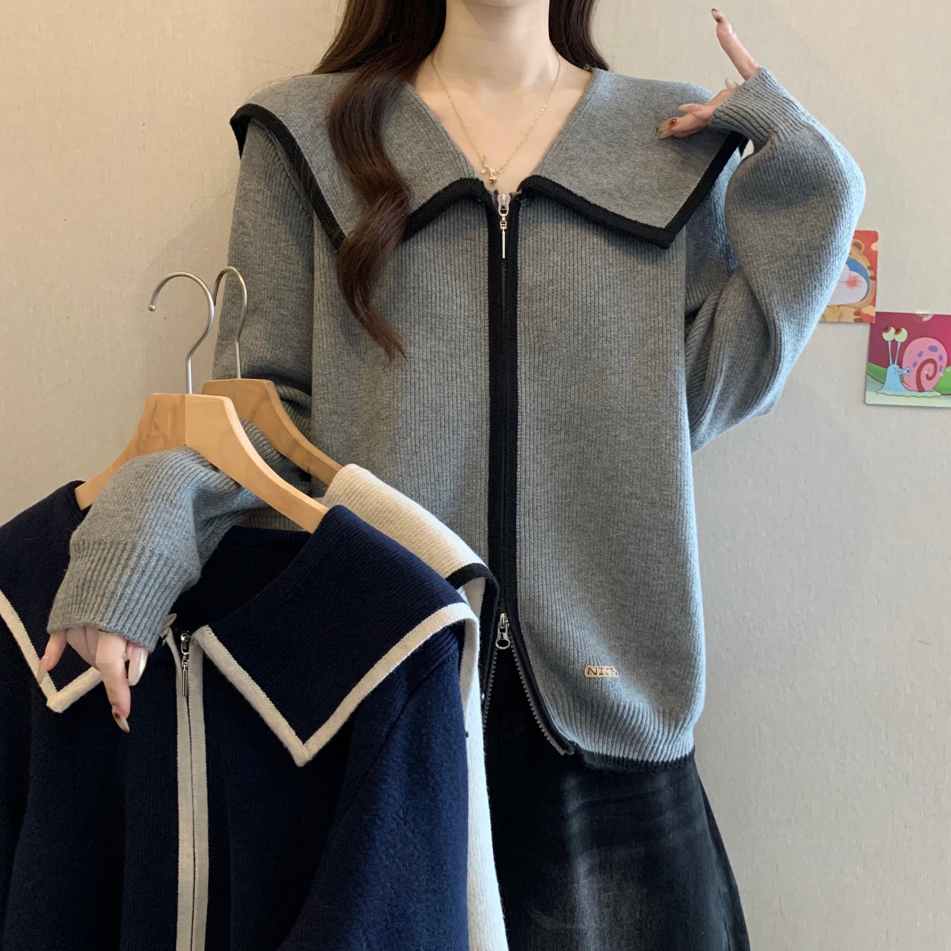 실사 빅 사이즈 새로운 디자인 센스 해군 칼라 지퍼 오픈 가디건 스웨터 마이크로 지방 mm 표지 고기 슬림해 보이는 맨위 여성 상세 이미지 5