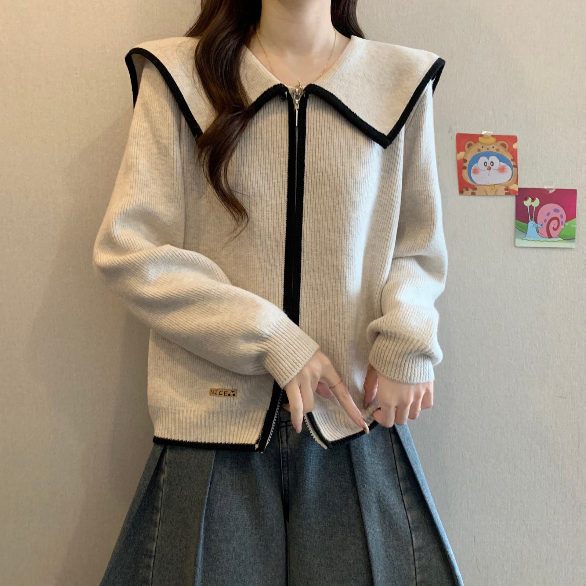 실사 빅 사이즈 새로운 디자인 센스 해군 칼라 지퍼 오픈 가디건 스웨터 마이크로 지방 mm 표지 고기 슬림해 보이는 맨위 여성 상세 이미지 8