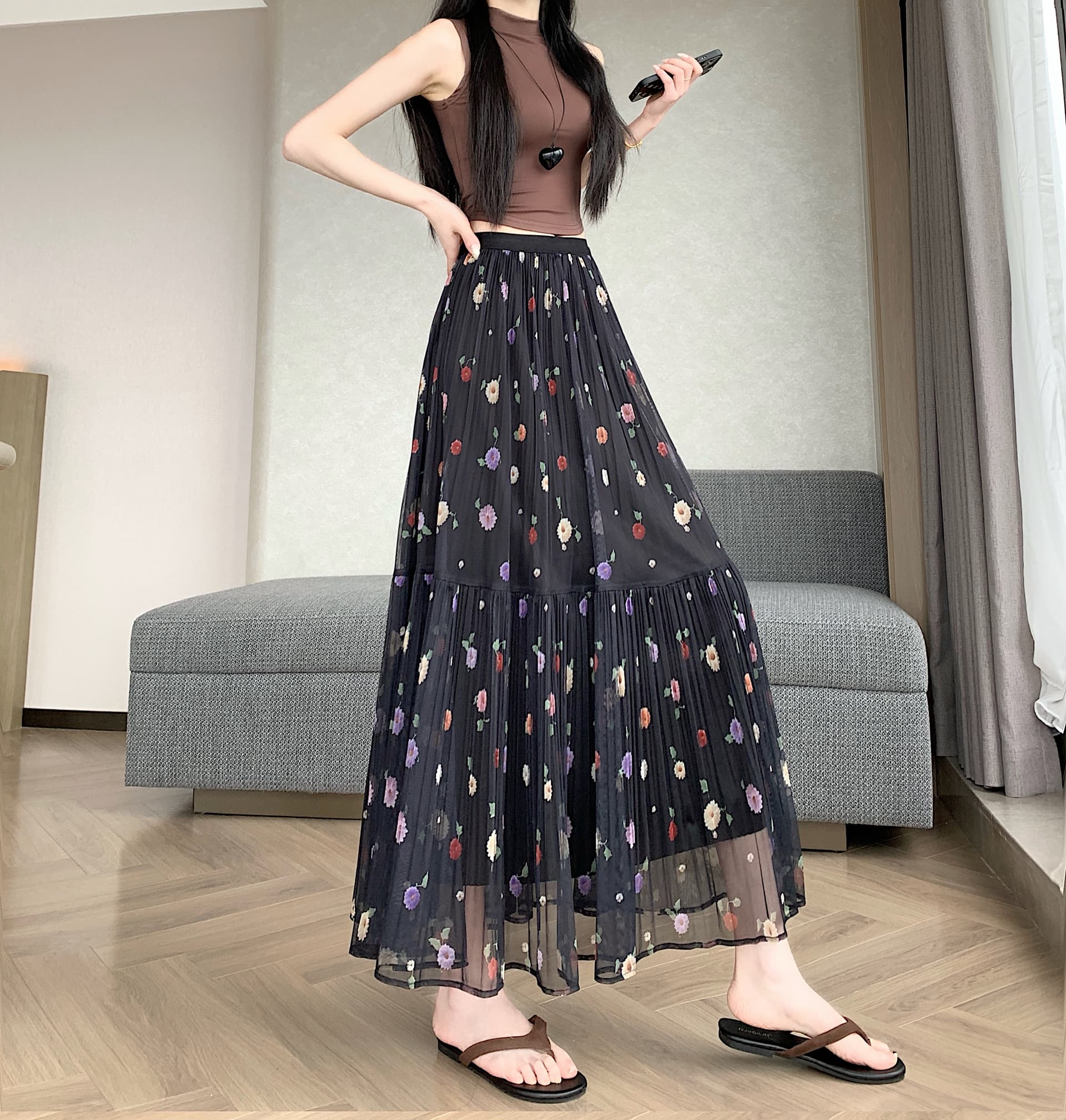 실사 빅 사이즈 지방 mm 여름 새로운 미니멀리즘 작은 청신 꽃무늬 중간 길이 플리츠 패치워크 슬림해 보이는 반신 스커트 상세 이미지 8