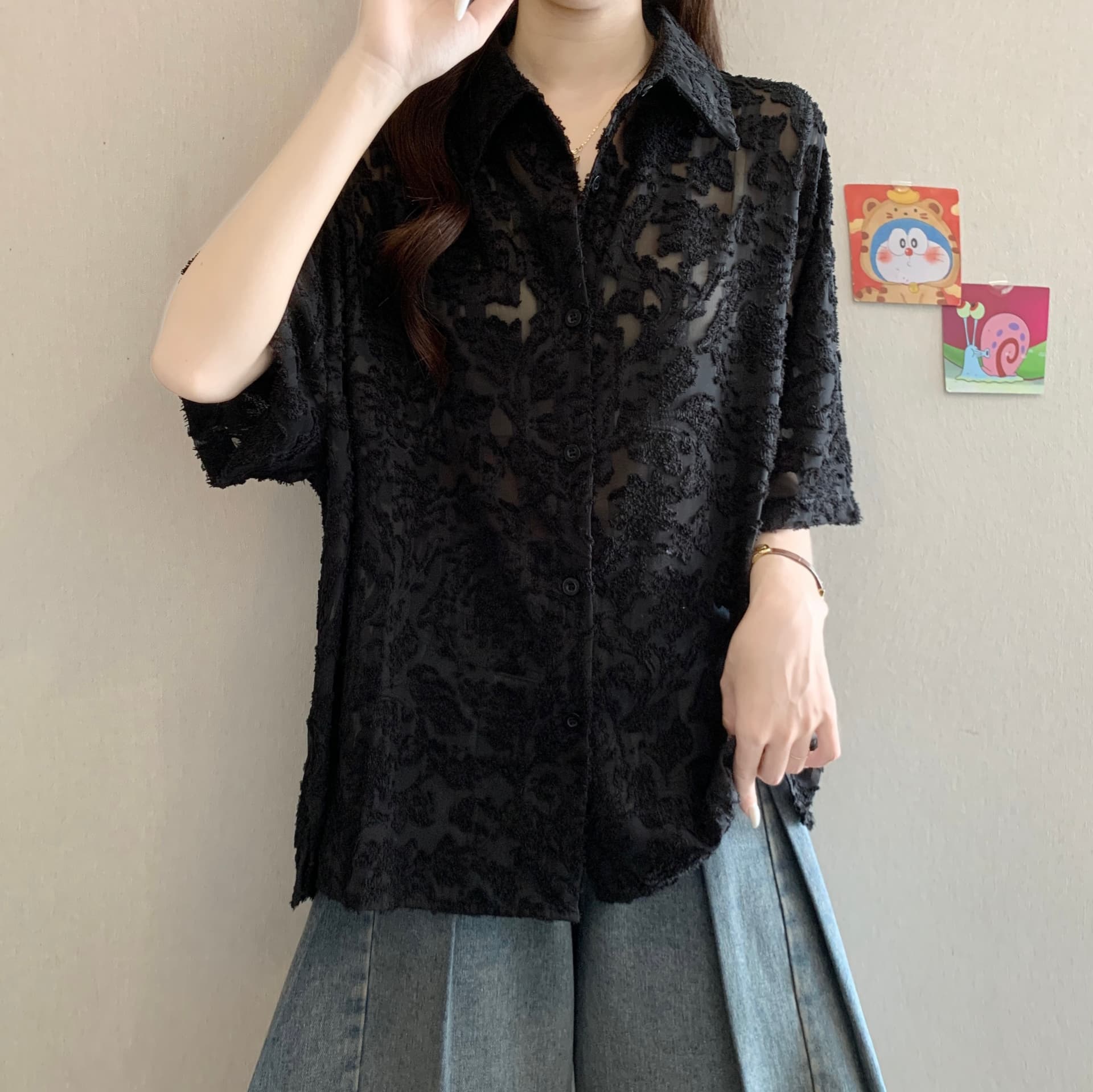 실사 빅 사이즈 새로운 디자인 센스 지방 mm 캐주얼 루즈핏 항구 바람 맨위 표지 고기 슬림해 보이는 다용도 여성 셔츠 상세 이미지 2