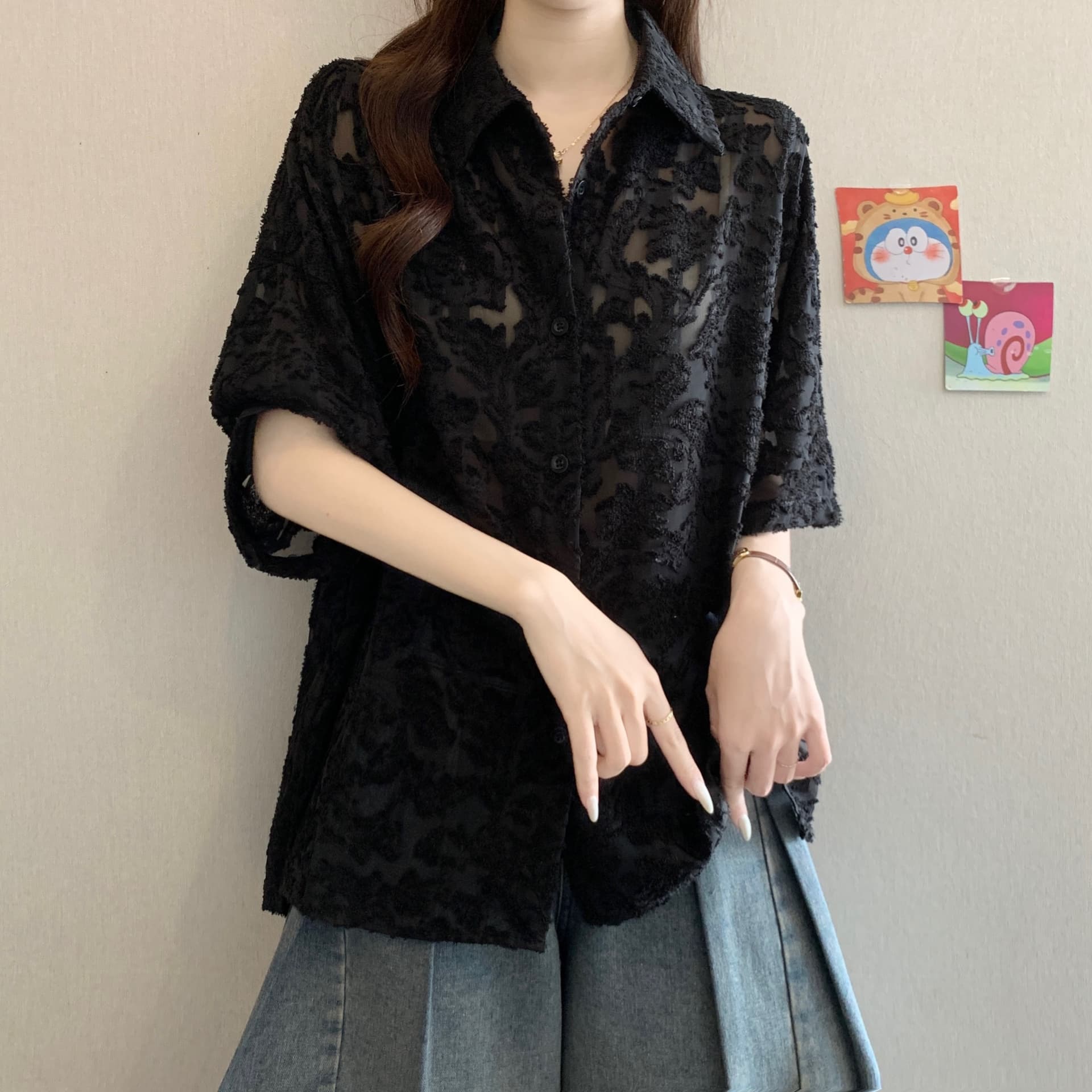 실사 빅 사이즈 새로운 디자인 센스 지방 mm 캐주얼 루즈핏 항구 바람 맨위 표지 고기 슬림해 보이는 다용도 여성 셔츠 상세 이미지 3