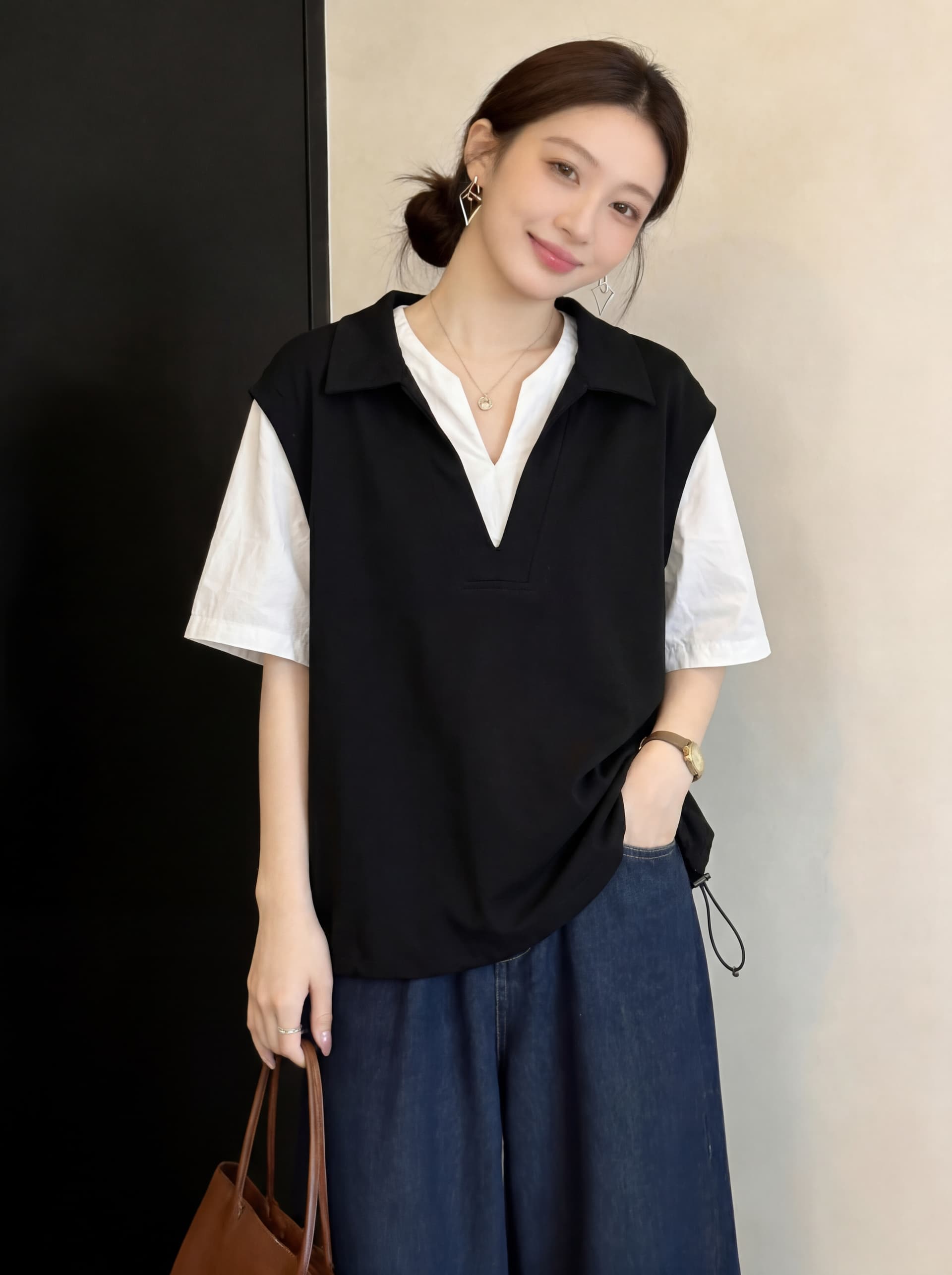 실사 빅 사이즈 새로운 디자인 센스 지방 mm 셔츠 패치워크 V넥 캐주얼 반팔 페이크 레이어드 표지 고기 슬림해 보이는 맨위 상세 이미지 2