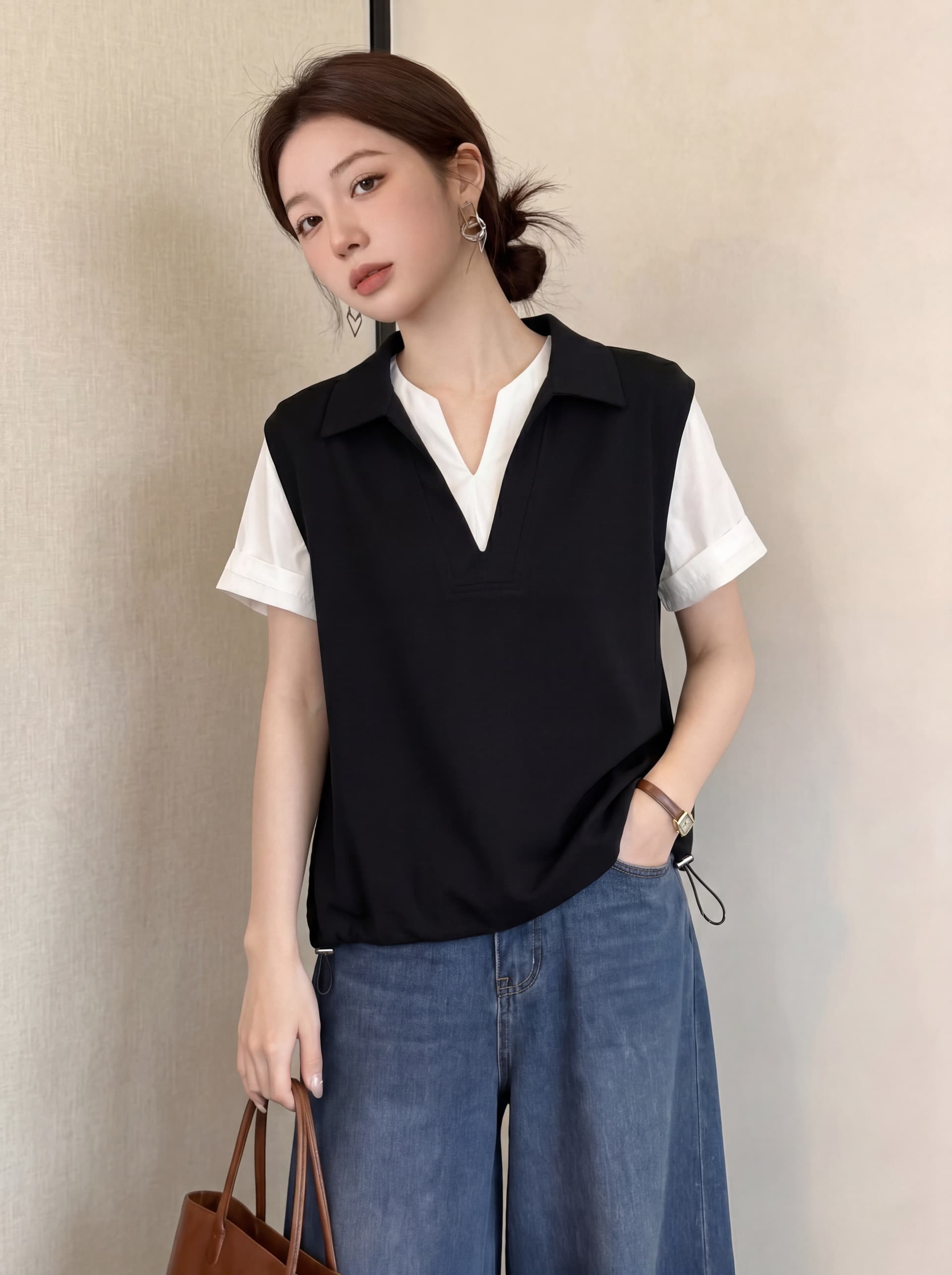 실사 빅 사이즈 새로운 디자인 센스 지방 mm 셔츠 패치워크 V넥 캐주얼 반팔 페이크 레이어드 표지 고기 슬림해 보이는 맨위 상세 이미지 3