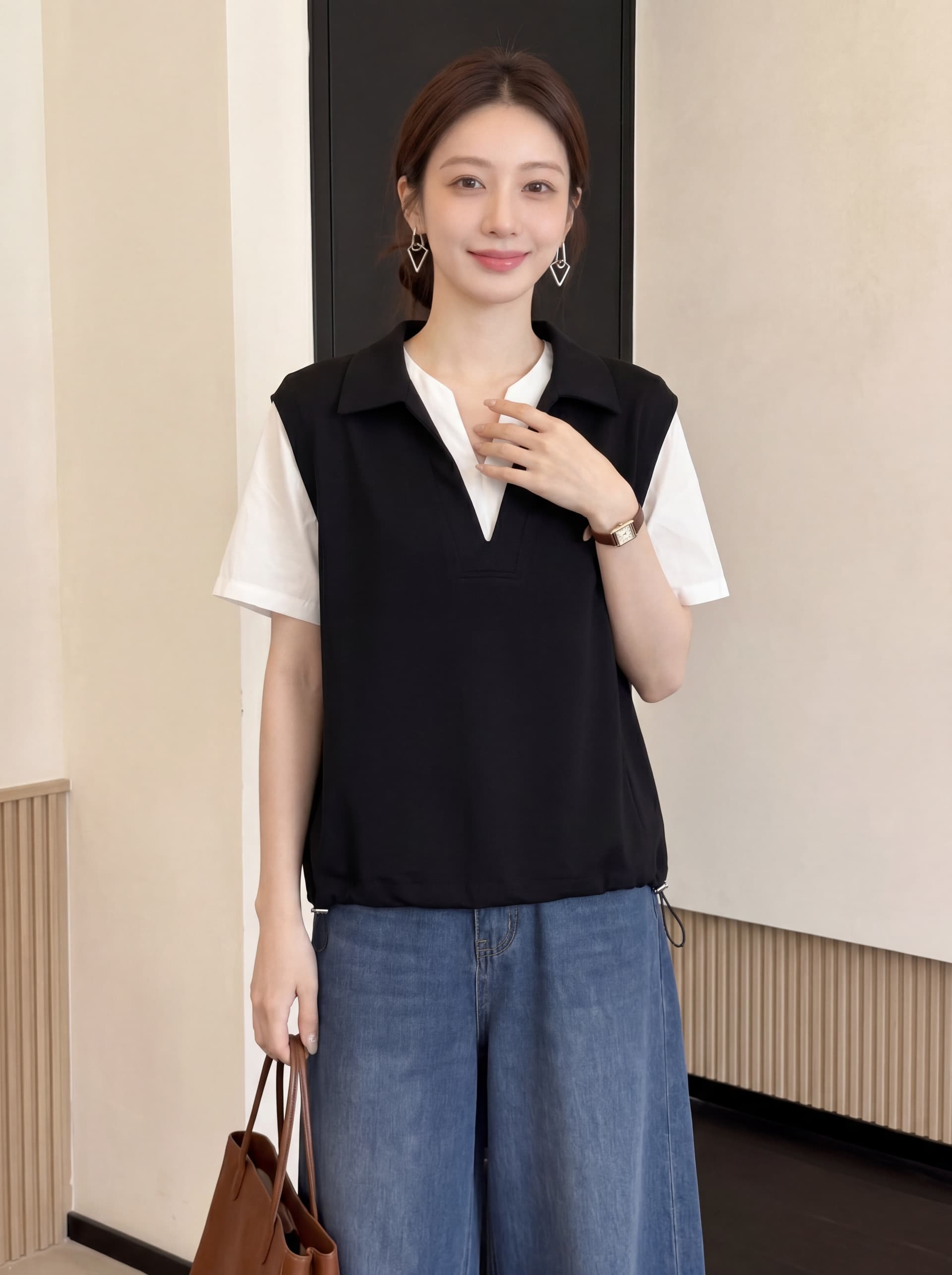 실사 빅 사이즈 새로운 디자인 센스 지방 mm 셔츠 패치워크 V넥 캐주얼 반팔 페이크 레이어드 표지 고기 슬림해 보이는 맨위 상세 이미지 4